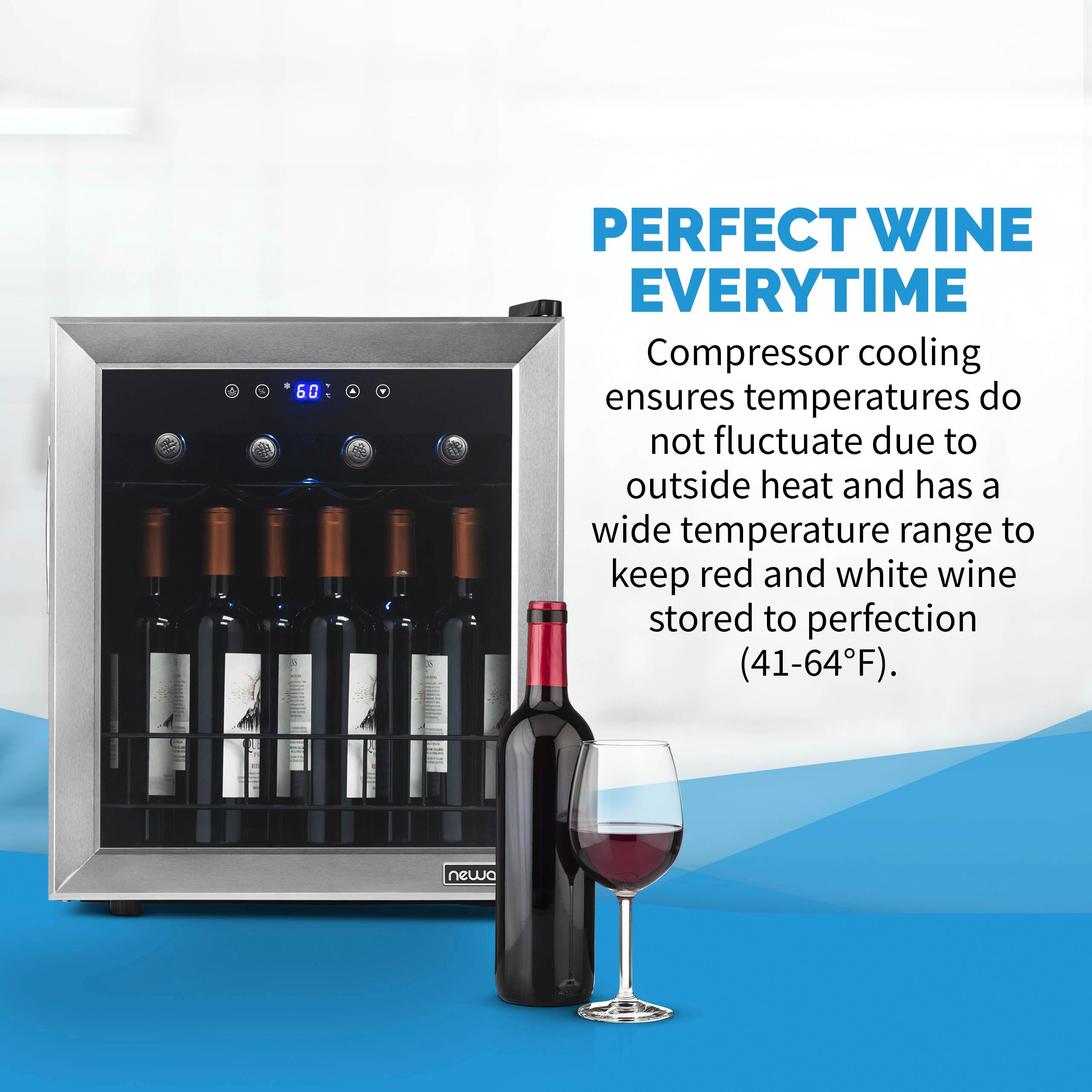 Newair® 16 Bottle Stainless Steel Freestanding Wine Cooler Refrigerator - Perfect for Home Bars, Restaurants, and Wine Cellars