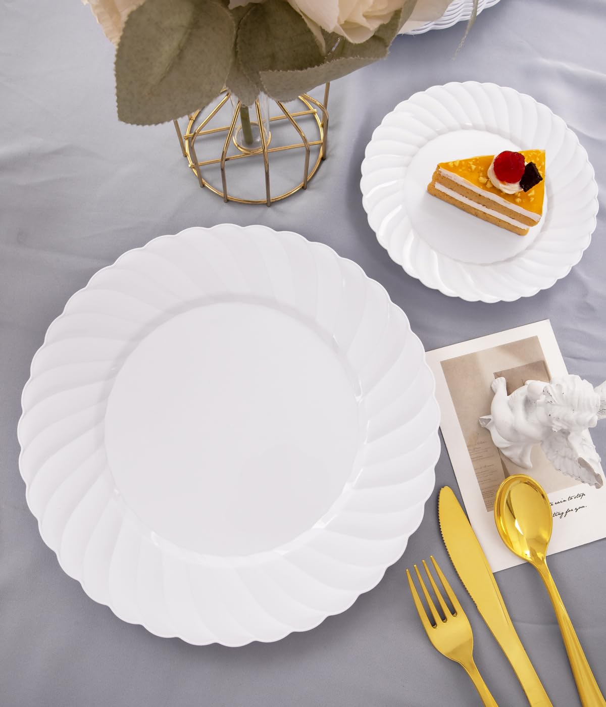 150-Pack White Plastic Dinner Plates & Gold Silverware Set - Heavy Duty Disposable Plates for Parties, Mothers Day, Events - Includes 30 Dinner Plates, 30 Dessert Plates, 30 Gold Plastic Cutlery - Perfect for Birthday Celebrations, Wedding Receptions & Holiday Gatherings