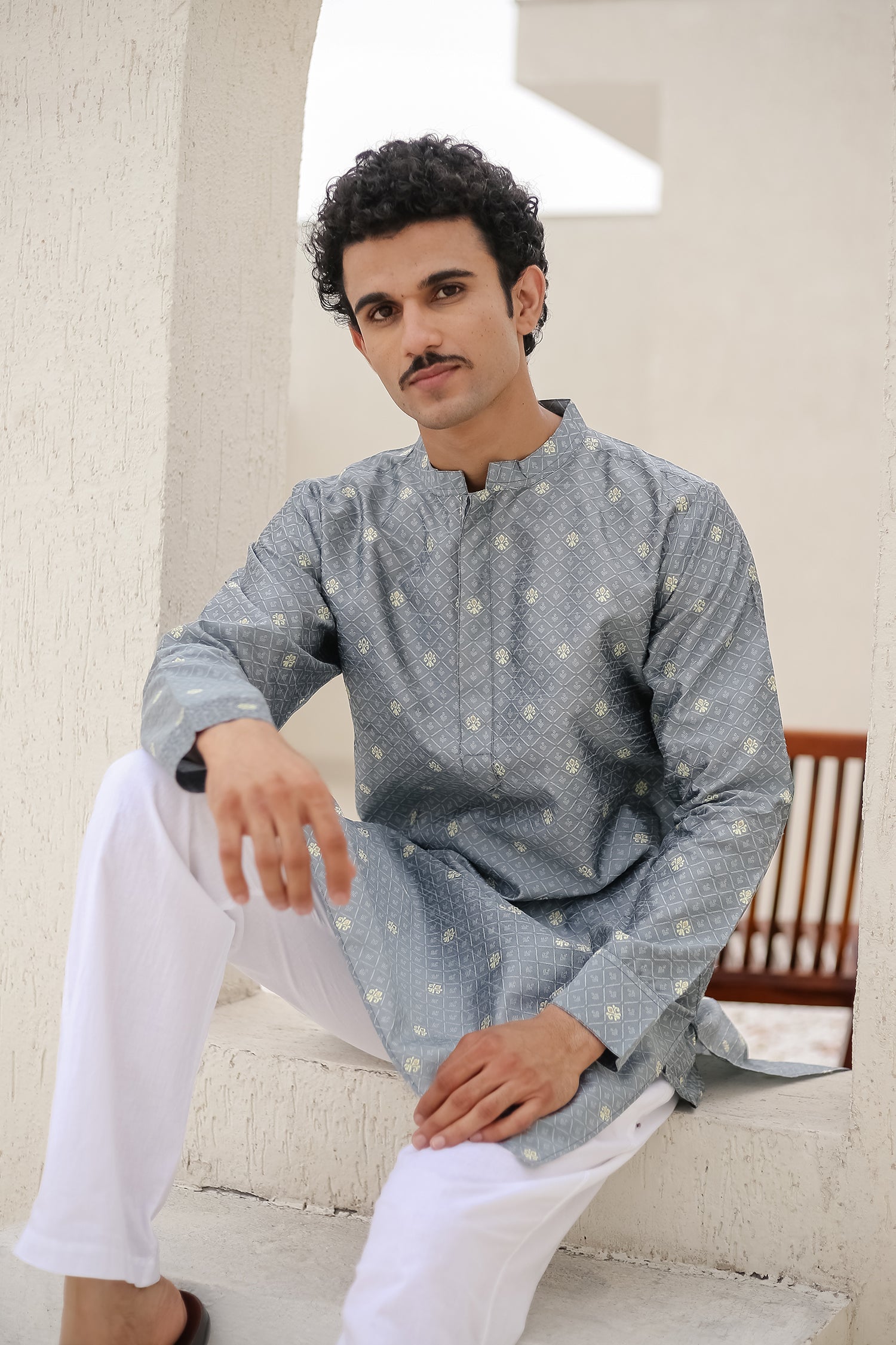 Men's Jacquard Self Grey Kurta - Traditional Indian Tunic for Casual Wear & Festive Occasions