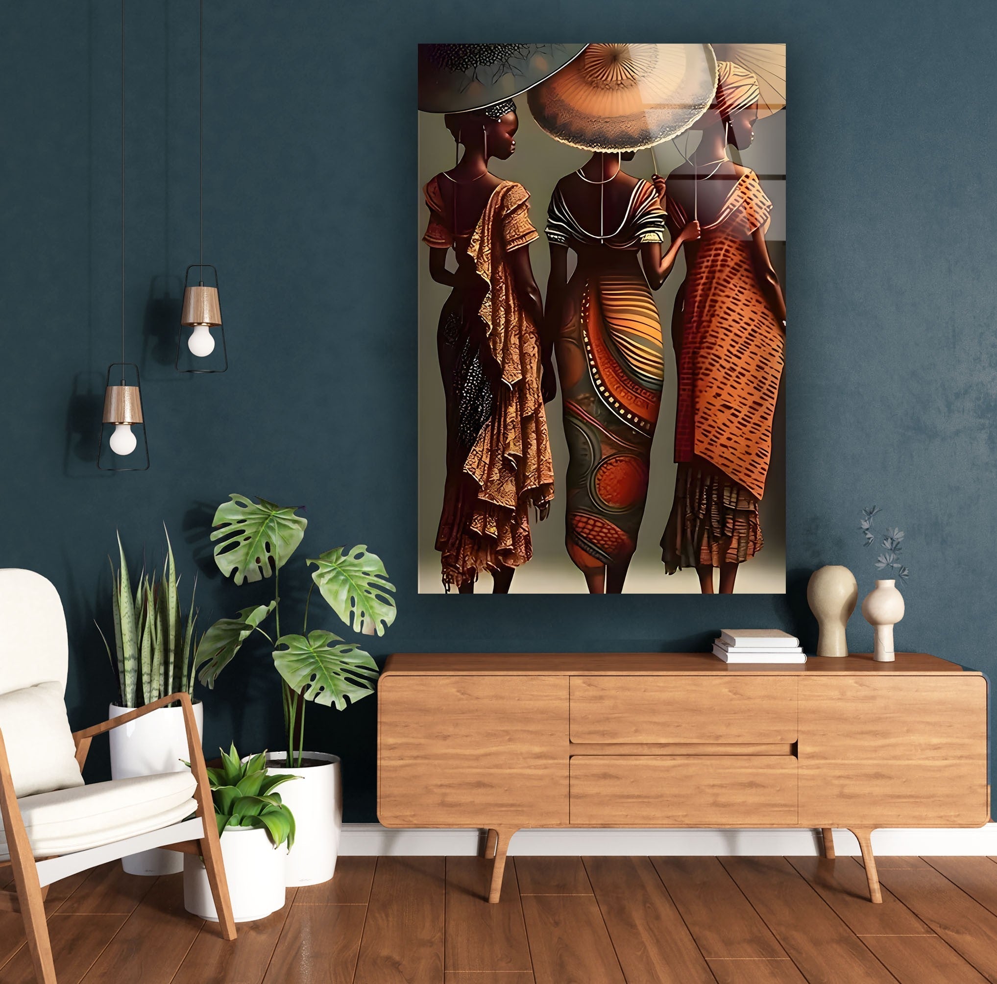 African Woman with Umbrella Glass Wall Art - Elegant Home Decor for Living Room, Bedroom & Office - Unique Handmade African Artwork for Wall Display