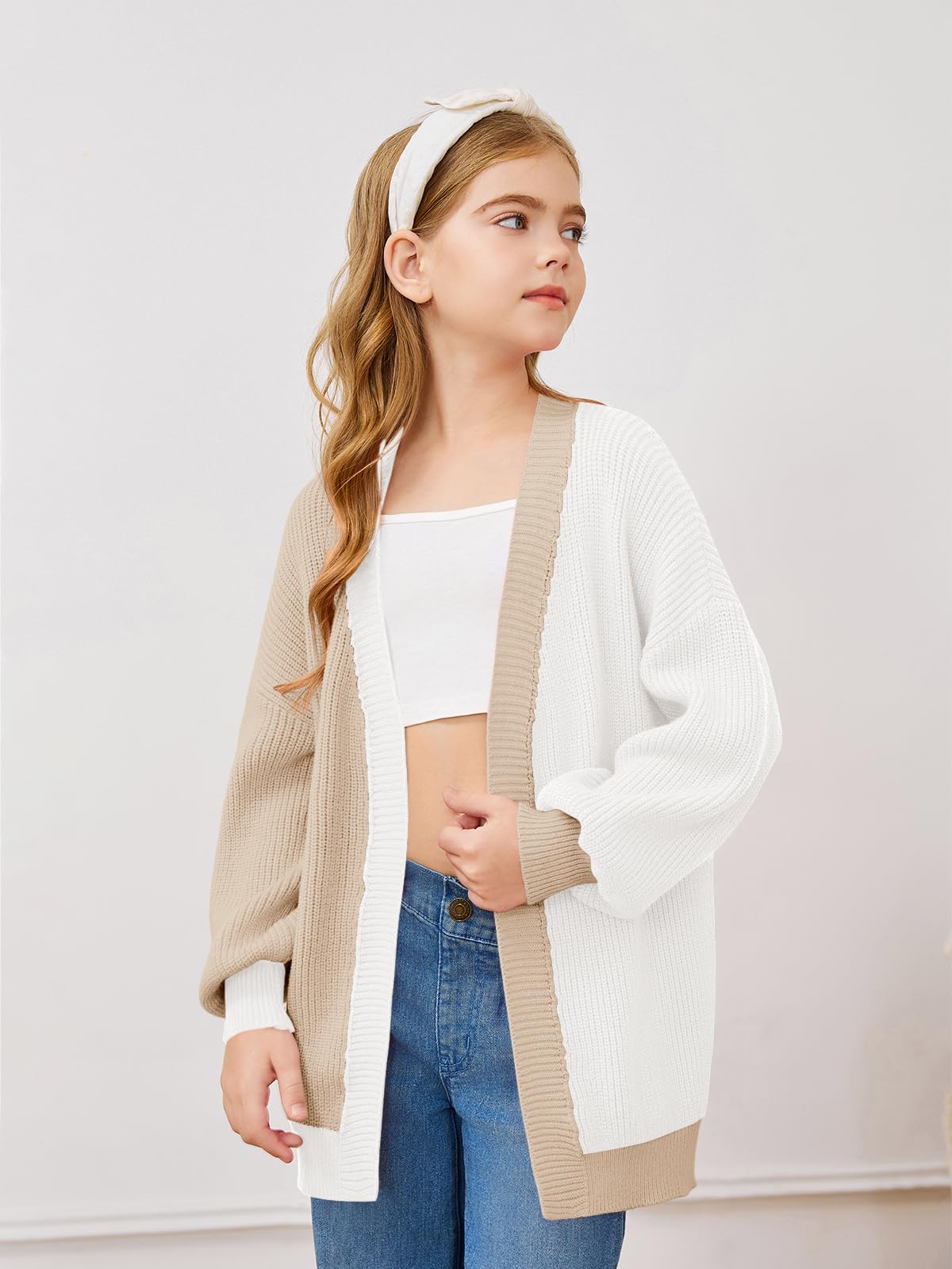 Haloumoning Girls Oversized Batwing Sleeve Cardigan Sweater - Kids Fashion Open Front Color Block Outerwear for School, Playdates & Casual Wear
