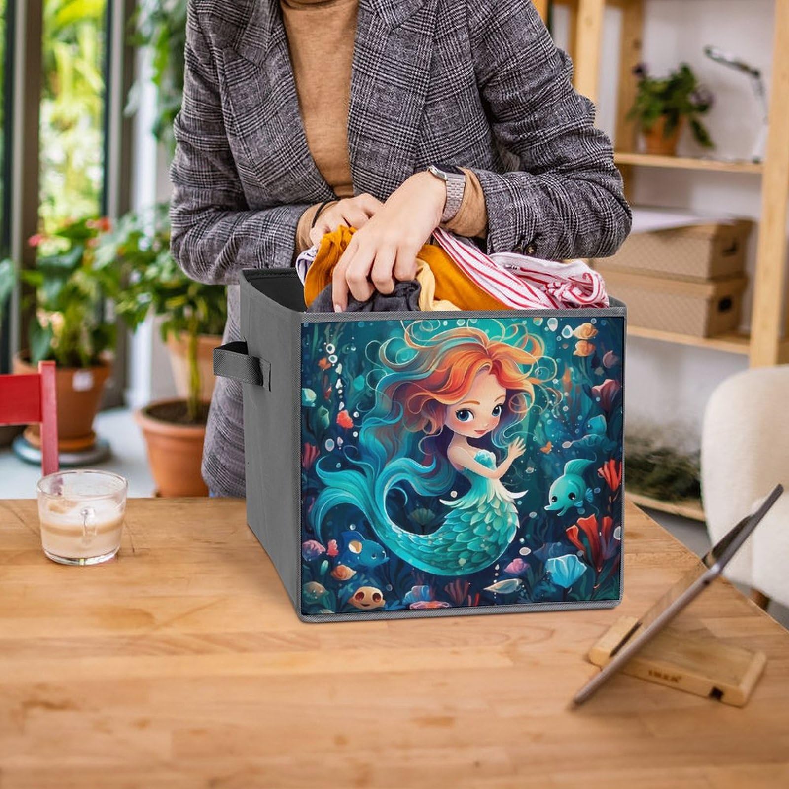 **Cute Mermaid Foldable Storage Bins & Organizers - 6-Pack Square Storage Baskets with Handles for Kids Room, Closet, or Playroom Organization**