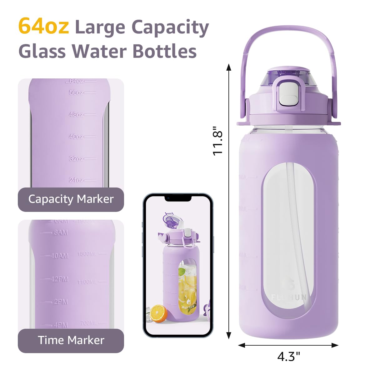 64Oz Glass Water Bottle with Straw Lid & Handle - Half Gallon Motivational Water Bottle with Time Marker, Silicone Sleeve & Strap - Large Sport Water Jug for Gym, Hiking, Office & Outdoor Activities (Purple)