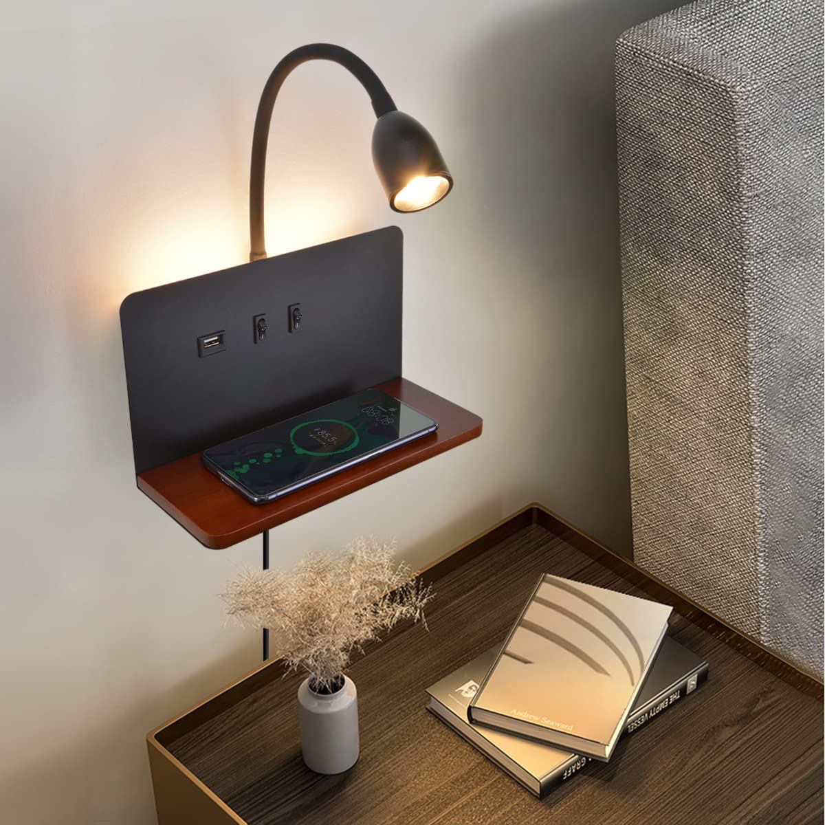 Wireless Charging Wall Sconce with USB Port - Dimmable Gooseneck Reading Light for Bedroom, 3000K Warm White Backlight Headboard Lamp with Plug-in Cord | Perfect for Night Reading, Bedside Lighting & Modern Home Decor