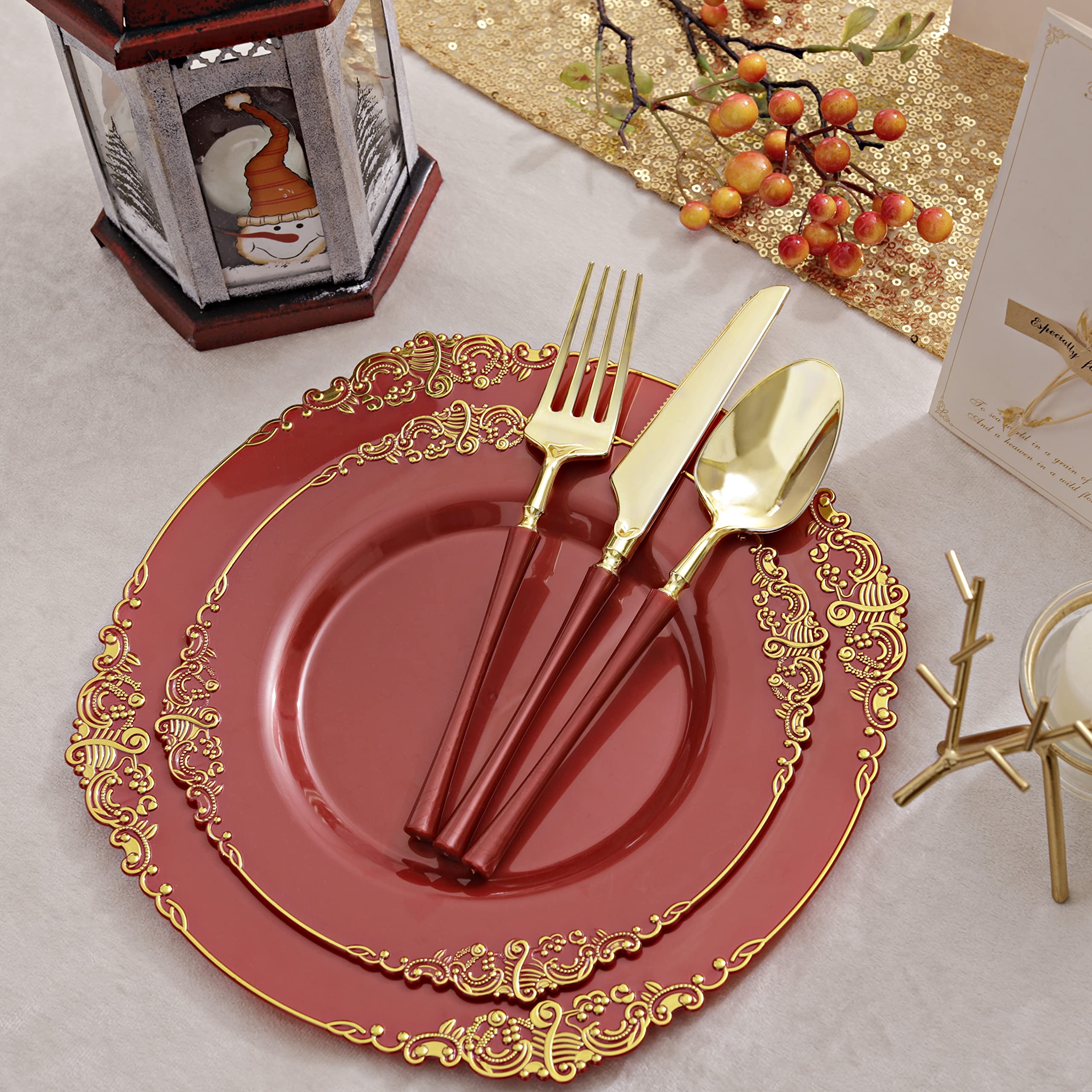 Liacere 50-Pack Disposable Red Plastic Plates Set - 25PCS 7.5 Inch Dessert Plates & 25PCS 10.25 Inch Dinner Plates with Gold Trim for Christmas Party, Wedding Reception, New Year Celebration, Birthday, BBQ, Picnic and Holiday Gatherings