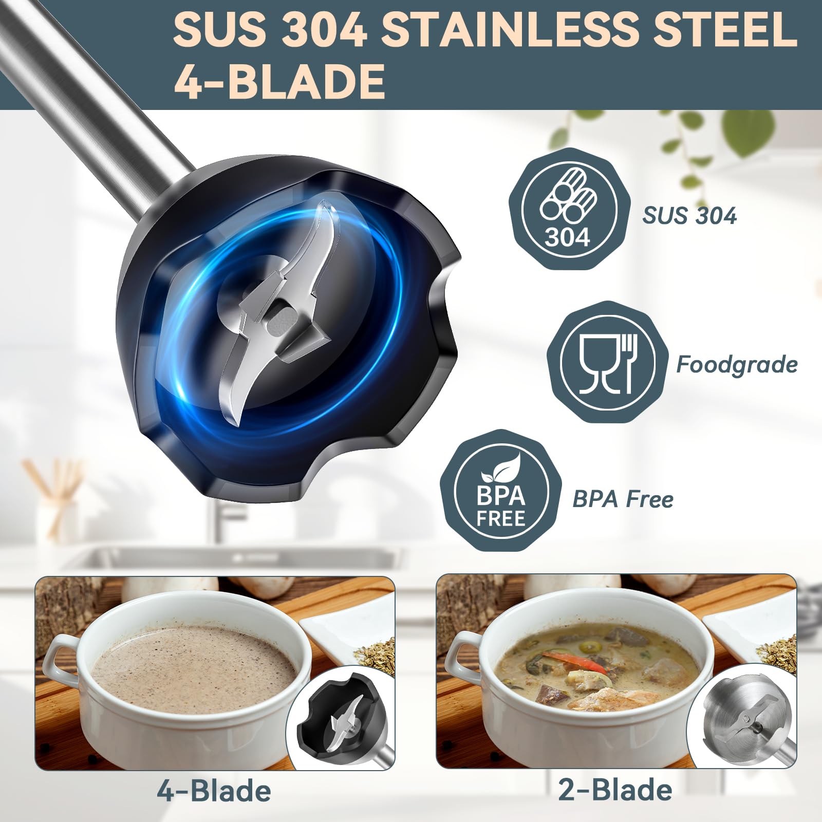 LINKChef 800W 7-in-1 Immersion Blender Handheld - 2 Titanium Steel Blades, 20 Speed & Turbo Mode, Includes Whisk, Milk Frother, Food Processor & Beaker - Perfect for Smoothies, Soups, Sauces & Baking at Home