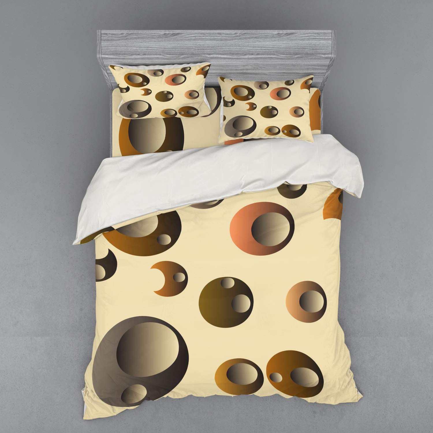 Ambesonne Retro 4-Piece Queen Bedding Set - Funky Bubbles Abstract Design Duvet Cover with Shams & Fitted Sheet in Cream Grey Caramel (60x80 Inches) | Vintage Home Decor for Master Bedroom, Guest Room & Dorm