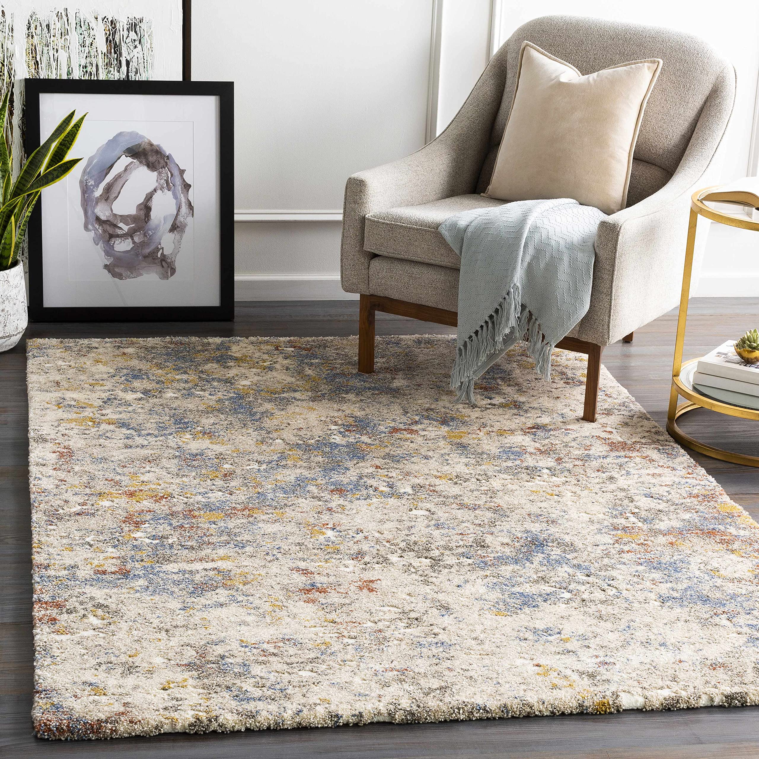 Hauteloom Laurencekirk Modern High Pile Area Rug - Soft Plush Living Room & Bedroom Carpet - Blue, Green, Gold - 2' x 3' - Perfect for Cozy Home Decor, Nursery, Dorm & Office Spaces