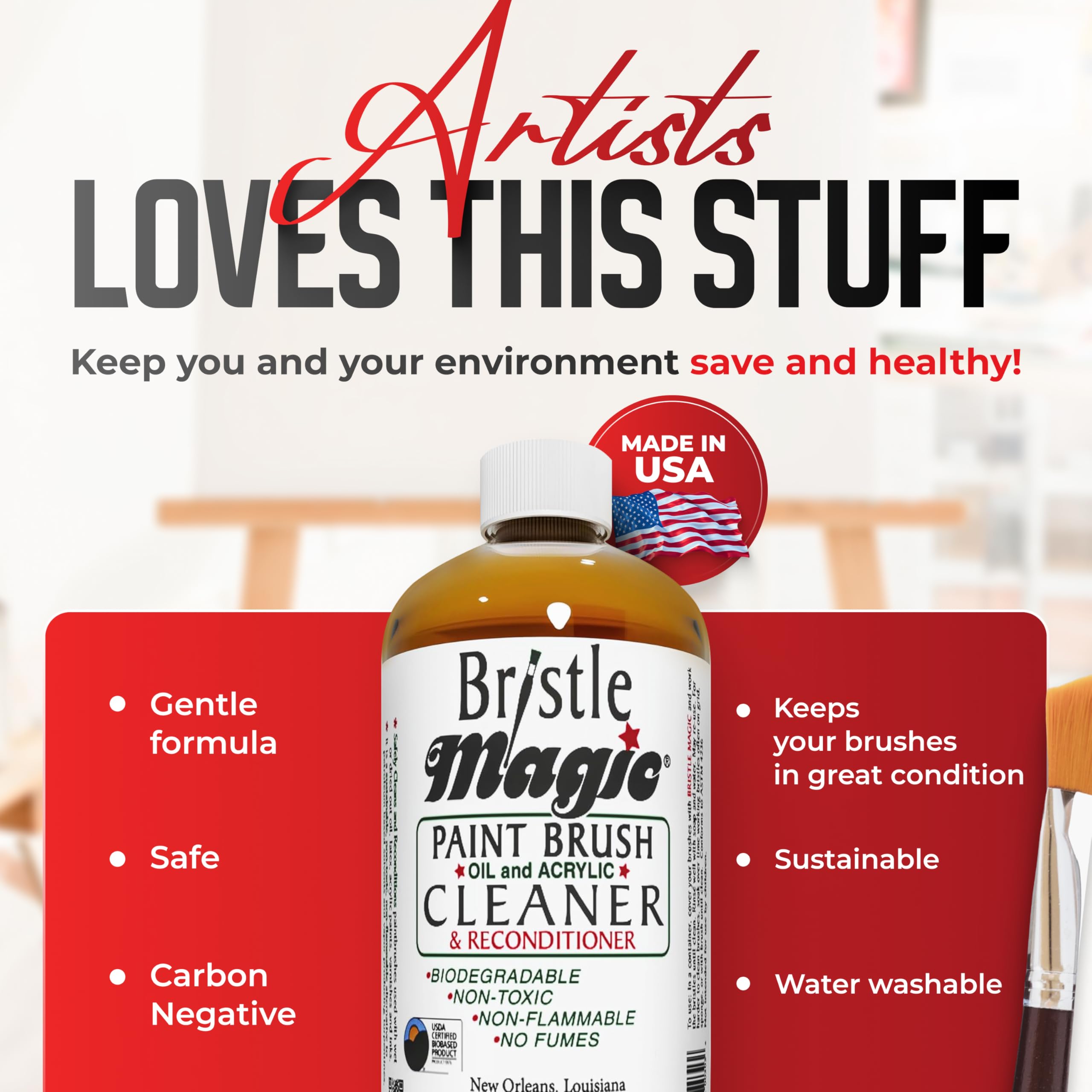 Eco-Friendly Paint Brush Cleaner & Reconditioner for Acrylic, Watercolor, Oil & Spray Paint Brushes - Biodegradable, Non-Toxic, Non-Flammable 8oz Cleaning Solution - Perfect for Artists, DIY Projects & Studio Use