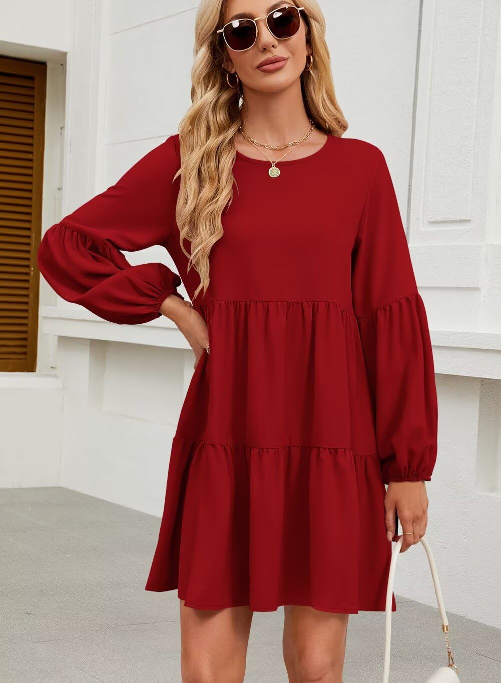 QACOHU Women's Summer Babydoll Dress 2025 - Spring Crew Neck Long Sleeve Flowy Swing Tunic Mini Dress for Casual Wear, Date Night & Vacation Outfits