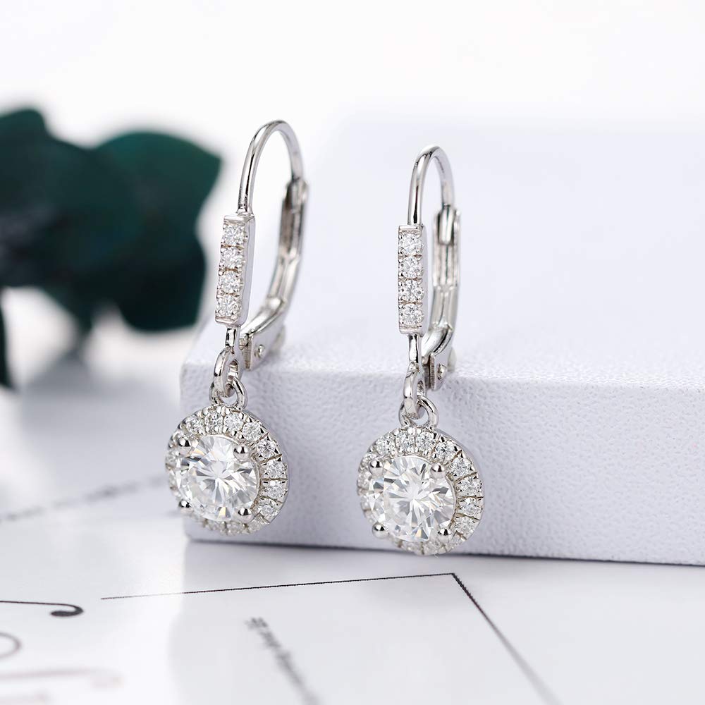 DovEggs 1ct 5mm G-H-I Color Moissanite Halo Leverback Drop Hoop Earrings for Women - 14K Gold Plated Sterling Silver Wedding & Party Jewelry Gift