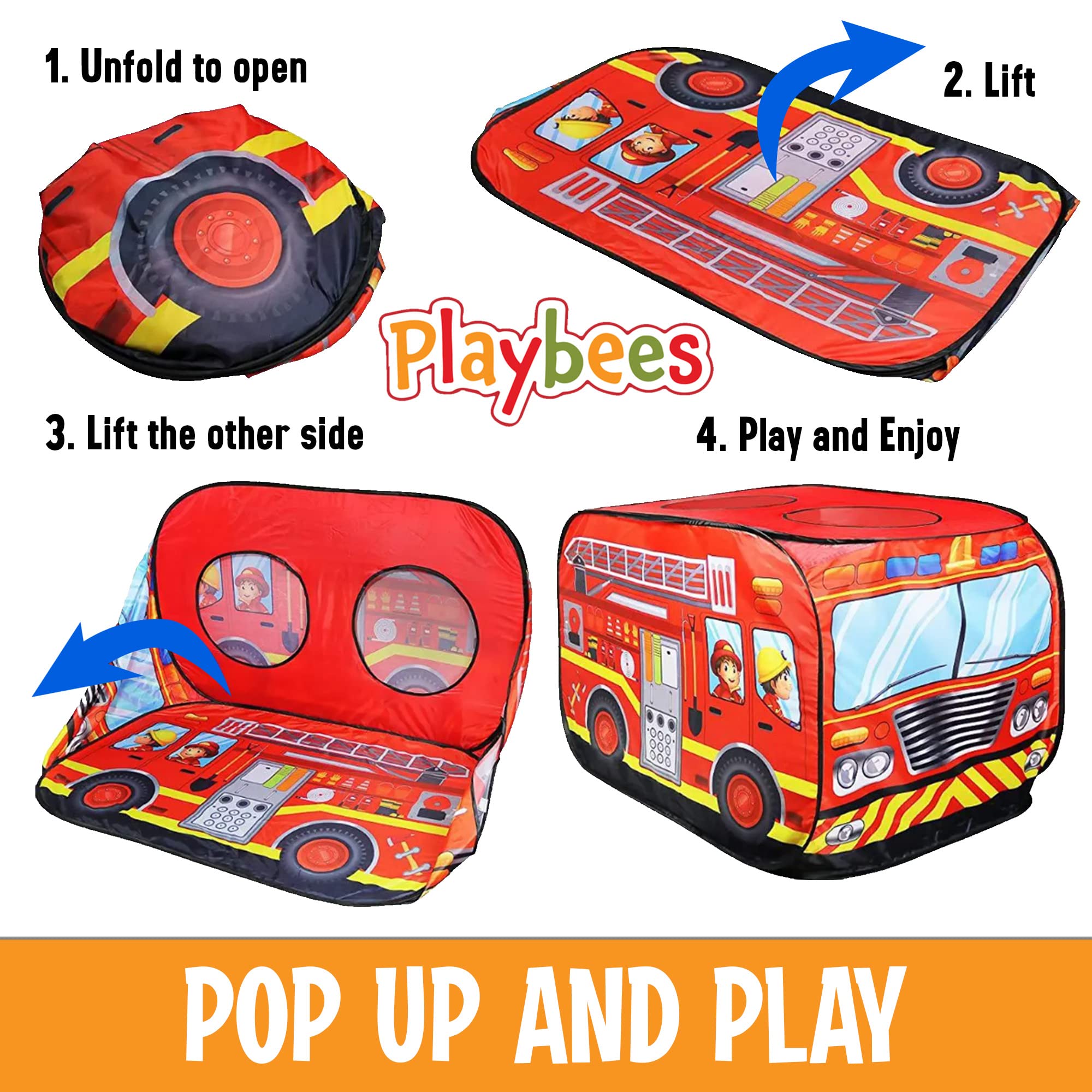 Musical Fire Truck Pop-Up Play Tent with 3 Openings - Firefighter Role Play Tent with Sirens & Fireman Sounds - Indoor & Outdoor Kids Playhouse Toy - Red Fire Engine Vehicle for Pretend Play - Perfect Gift for Birthday, Christmas & Preschool Learning (Great for Imaginative Play, Parties & Daycare Activities)