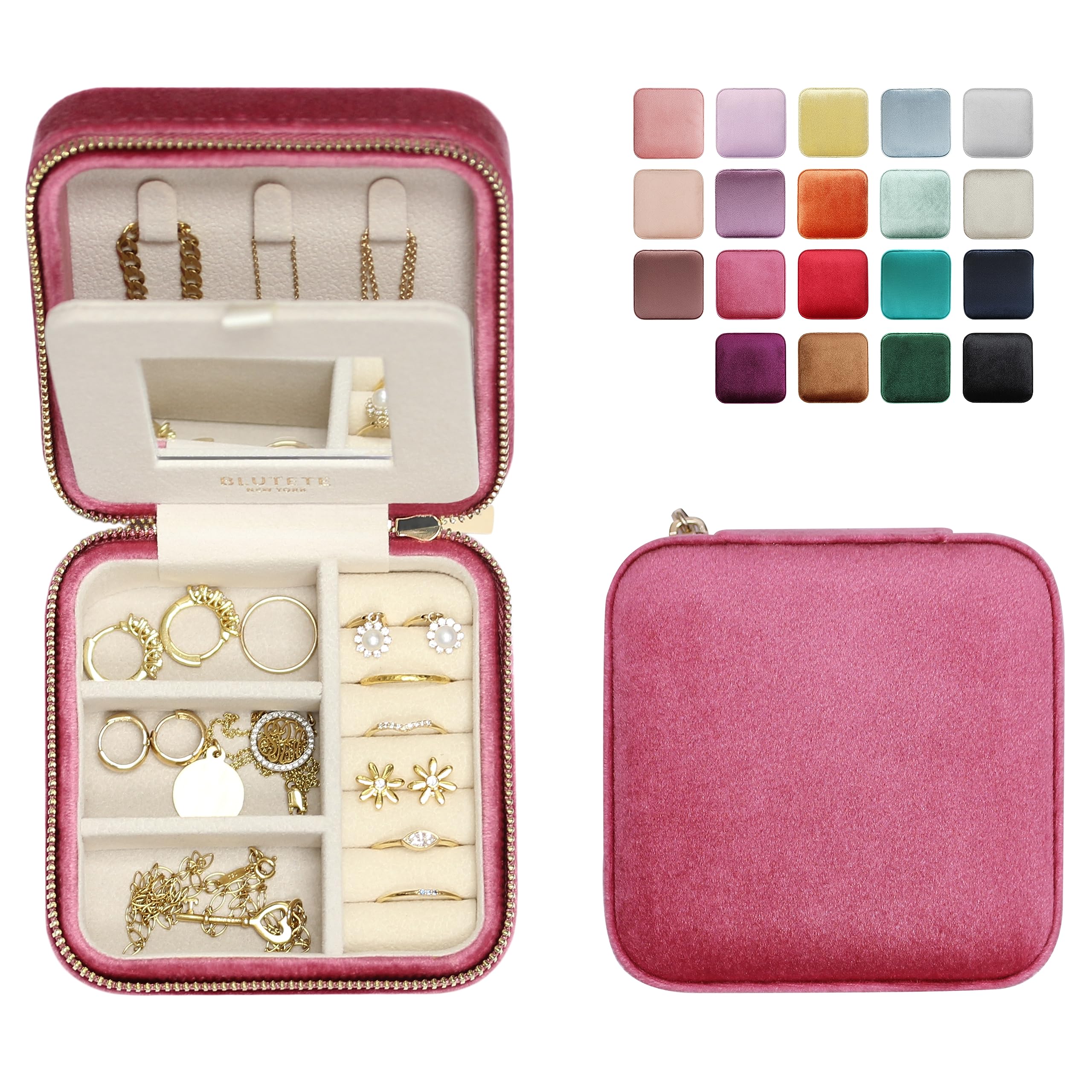 BLUTETE Velvet Travel Jewelry Organizer Box with Mirror - Portable Ring Earring Necklace Storage Case for Women (Berry Pink) | Perfect for Vacation, Business Trips & Daily Use
