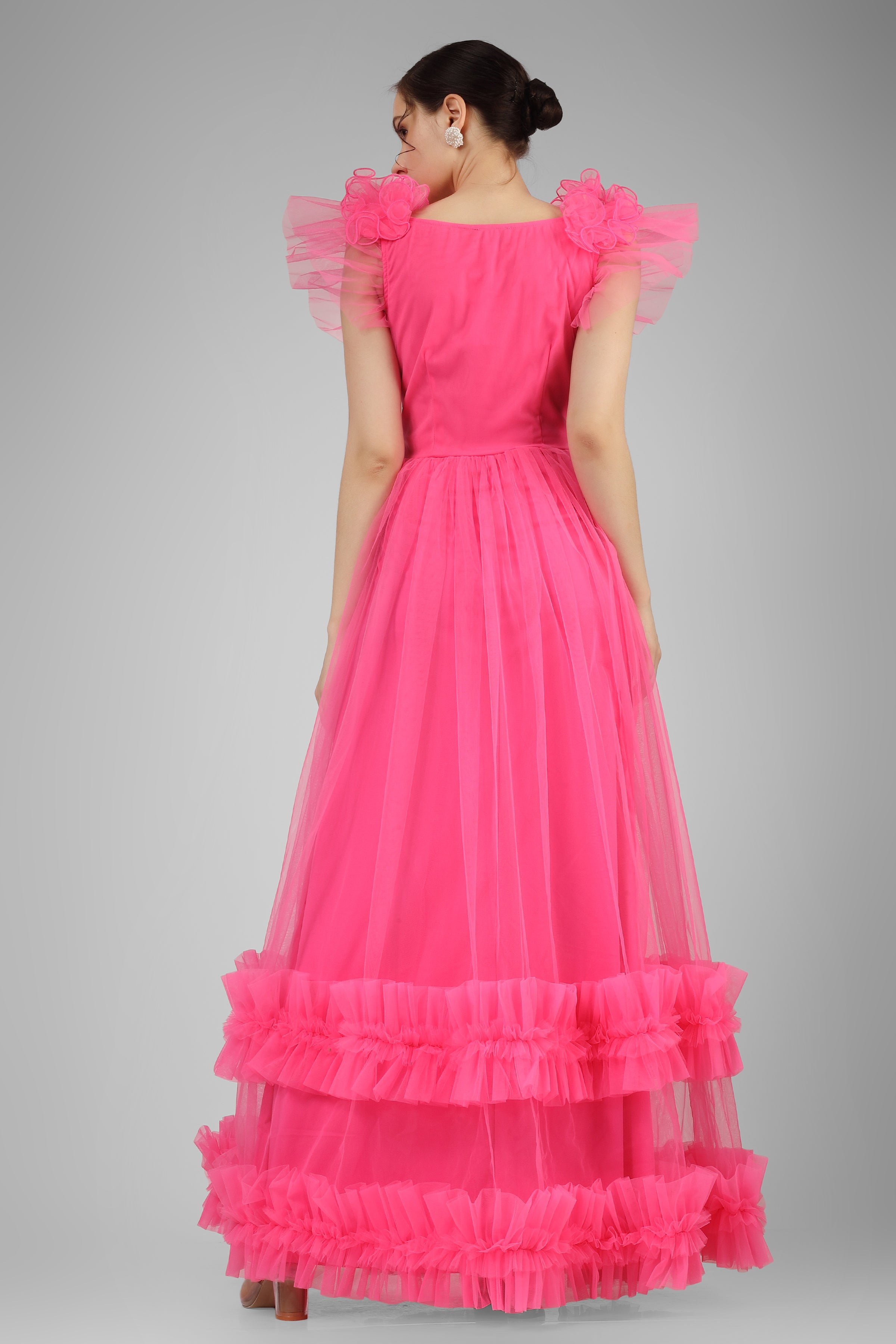 Nova Pink Tulle Corsage Maxi Dress for Women - Elegant Formal Gown for Prom, Wedding, Evening Party & Special Occasions