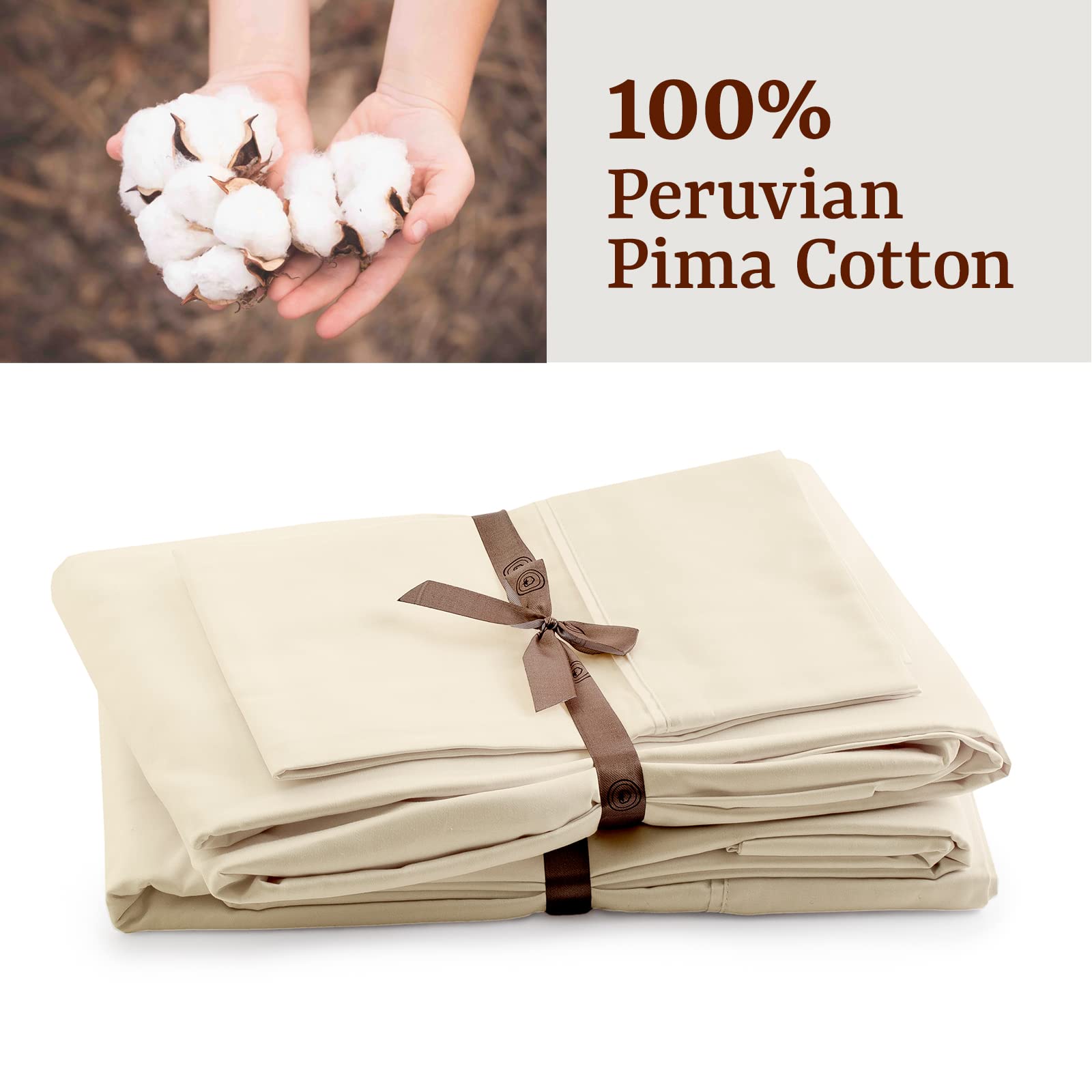 Premium 100% Peruvian Pima Cotton Twin Size Bed Sheets Set - 3 Piece Percale Bedding with 285 Thread Count - Breathable & Cooling Solid Ivory Sheets for Hot Sleepers - Perfect for Guest Rooms, Dorms & Summer Nights