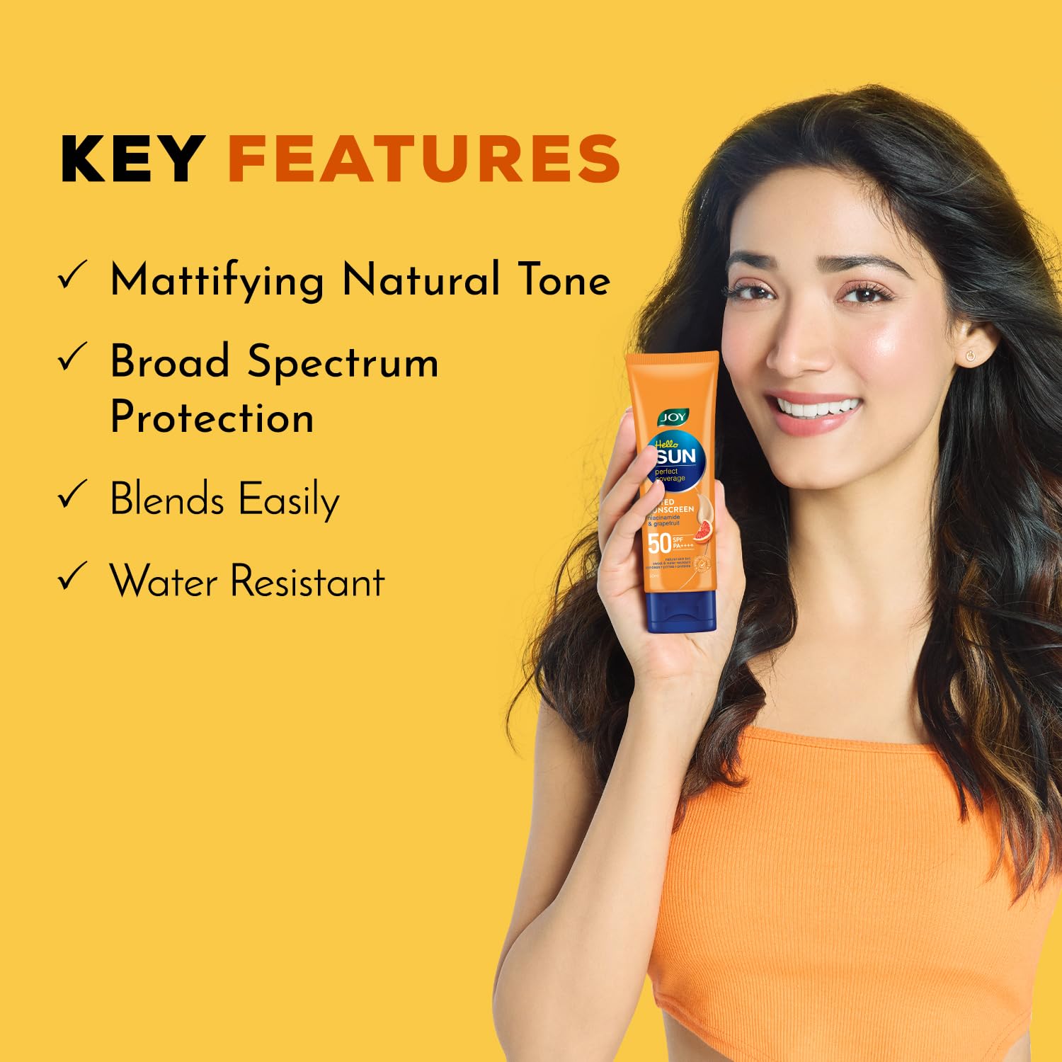 Joy Natural Tone Tinted Sunscreen SPF 50 PA+++ with Niacinamide - Oil-Free, Mattifying & Water Resistant Face Sunscreen for Normal & Oily Skin (60ml) | Sun Protection, Daily Wear & Makeup Base | Perfect for Beach, Outdoor Activities & Everyday Use