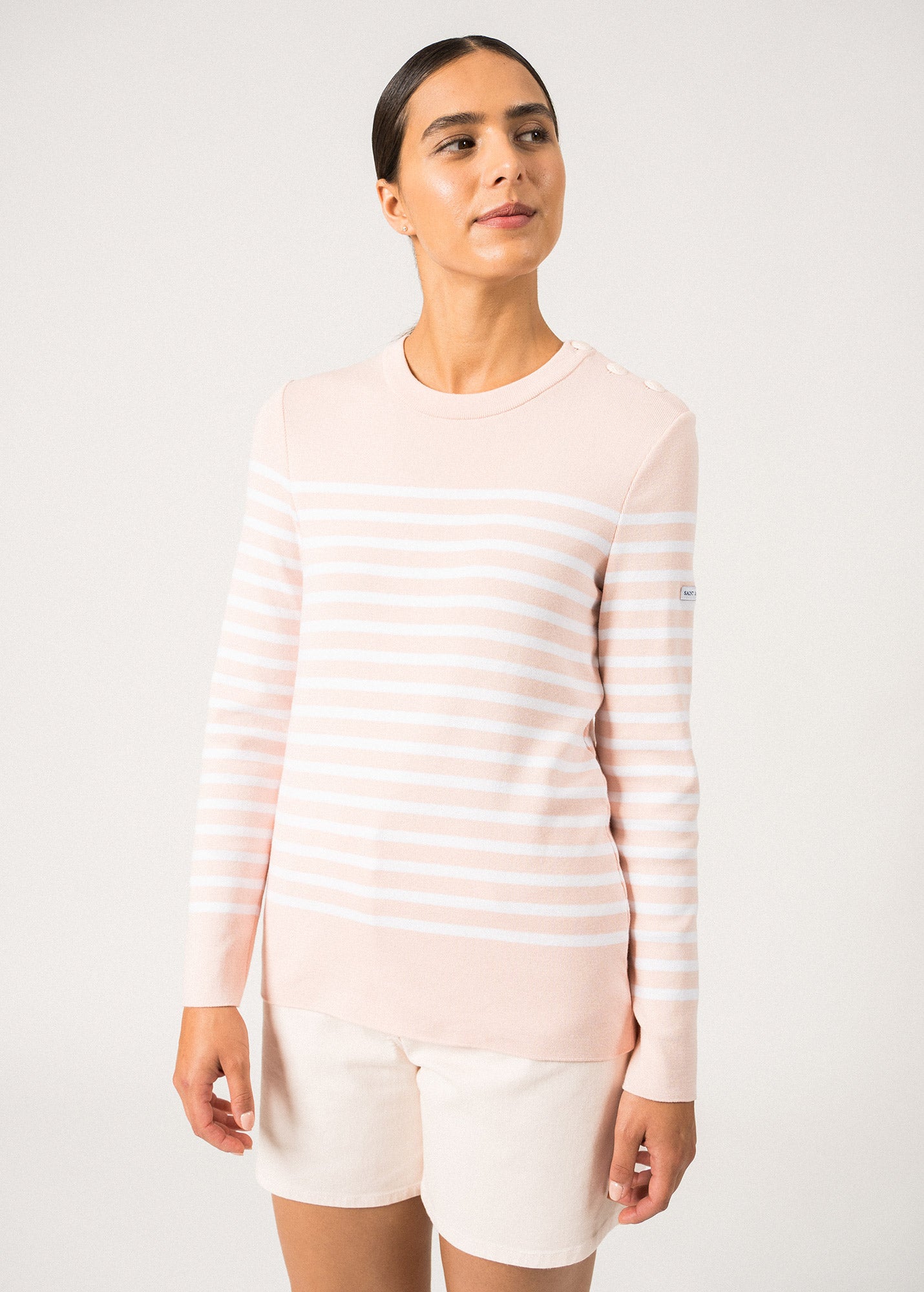 Women's AVIGNON Striped Button-Shoulder Sweater - 100% Organic Cotton (Pale Pink/White) | Casual Wear, Office Outfit, Fall Fashion