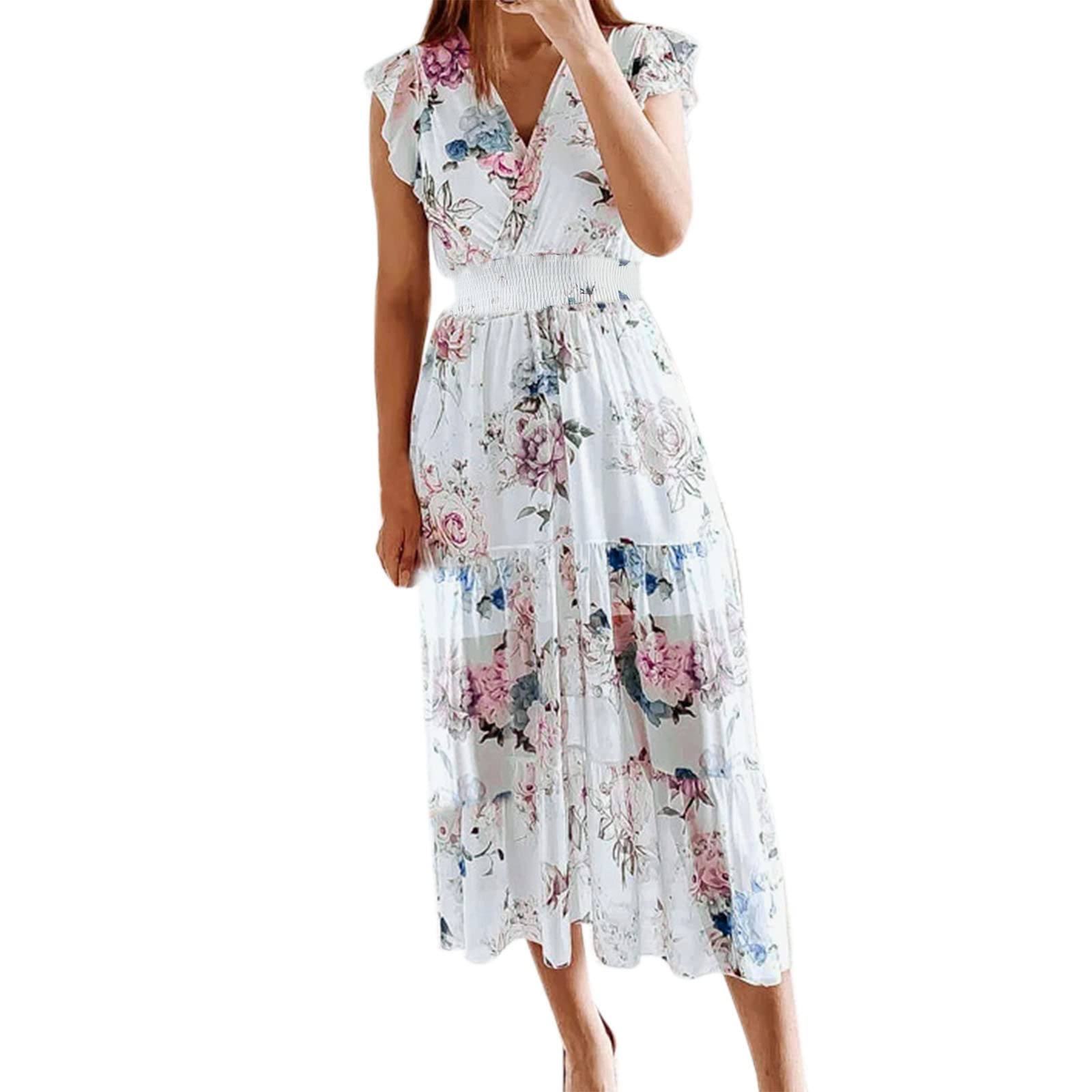 Women's Floral Boho Maxi Dress - Elastic High Waist V-Neck Maternity Dress with Scalloped Hem | Perfect for Summer Beach Vacations, Maternity Photoshoots & Boho Chic Outfits