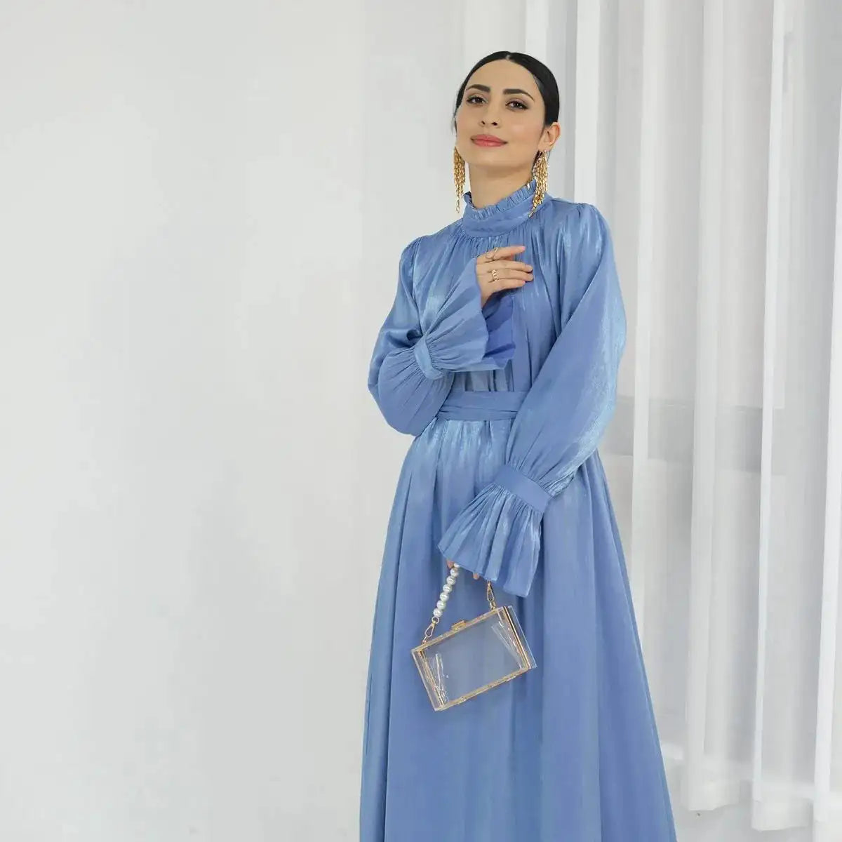 Bell Sleeve Gleam Shiny Abaya Dress for Women - Elegant Muslim Prayer Dress for Eid, Wedding & Special Occasions