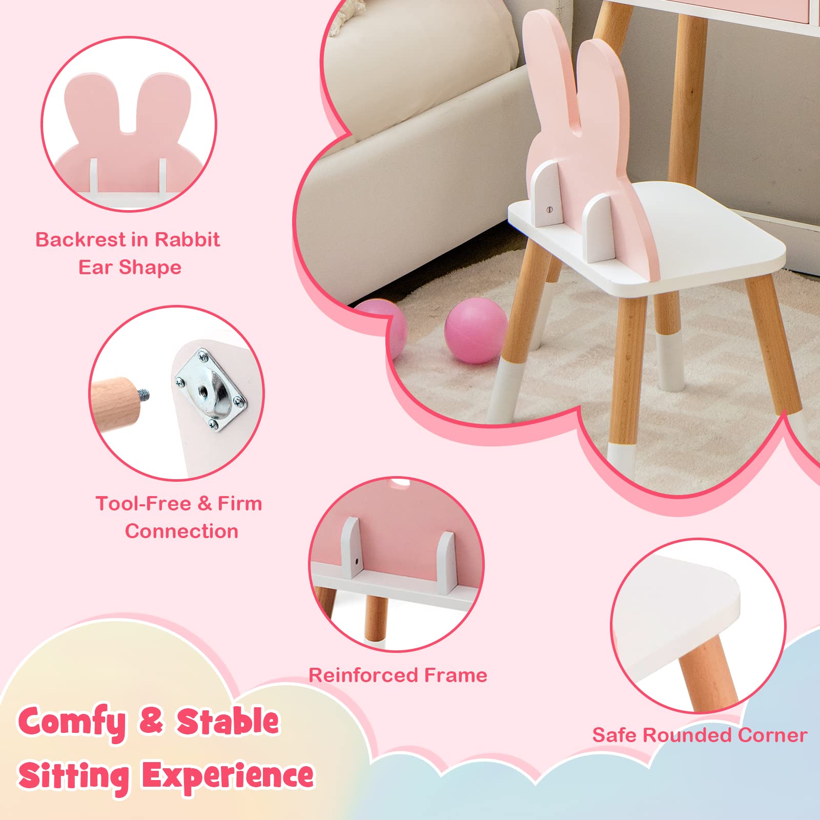 Princess Makeup Vanity Set for Kids - Wooden Rabbit Theme with Mirror & Stool - Pink