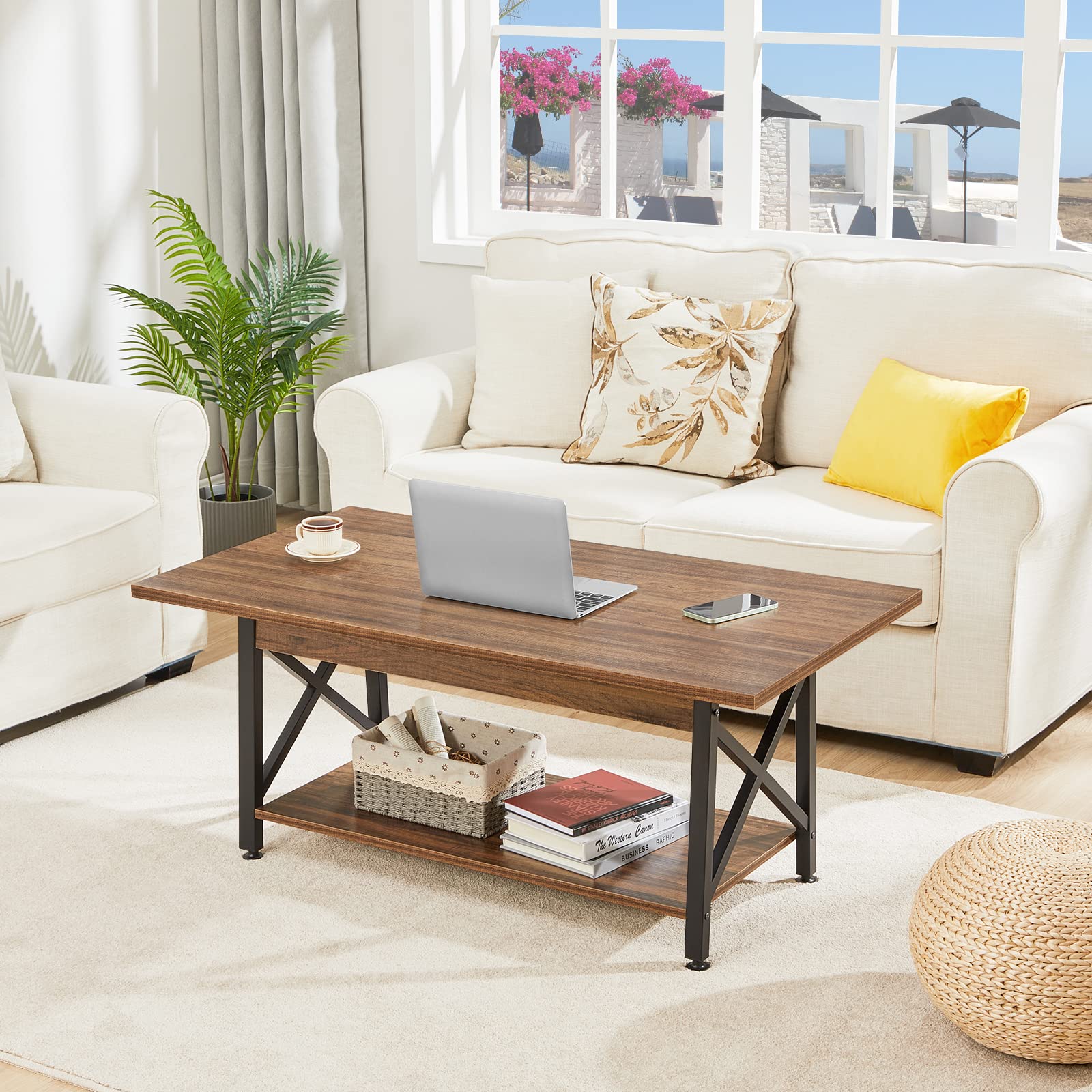 GreenForest 43.3 x 23.6 Inch Large Rustic Farmhouse Coffee Table with Storage Shelf & TV Stand - Holds 65 Inch TVs, Entertainment Center with 6 Storage Cabinets for Living Room (Walnut Finish) - Perfect for Family Gatherings & Movie Nights