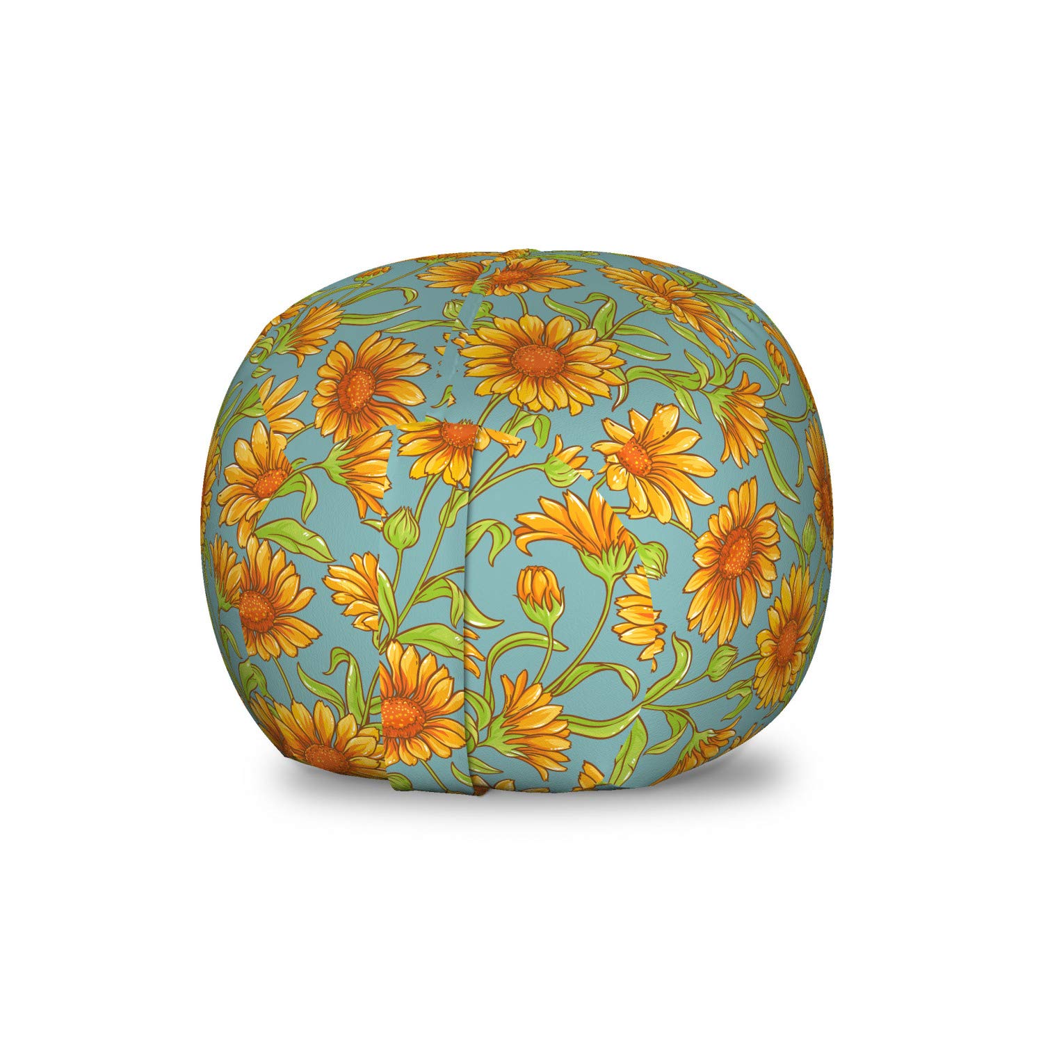 Ambesonne Floral Toy Storage Bag Chair - Cartoonish Calendula Flower Pattern, Washable Stuffed Animal Organizer, Small Size in Pale Teal & Orange | Kids' Room Decor, Playroom Storage Solution, Nursery Organization