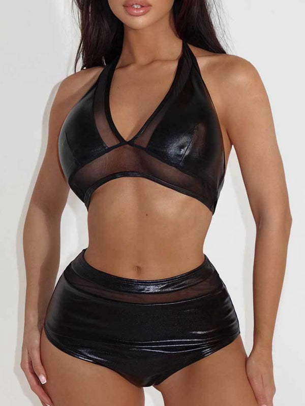 ZASUWA Women's Sexy Glossy PU Mesh Bikini Set - Swimwear for Beach, Pool Party & Summer Vacation