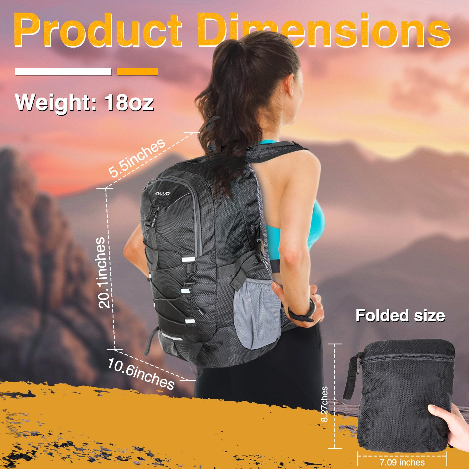 MOSISO 30L Lightweight Hiking Backpack for Men & Women - Foldable Daypack with 2 Front Pockets & Elastic Cord Strap - Perfect for Travel, Camping, Hiking & Outdoor Adventures - Black