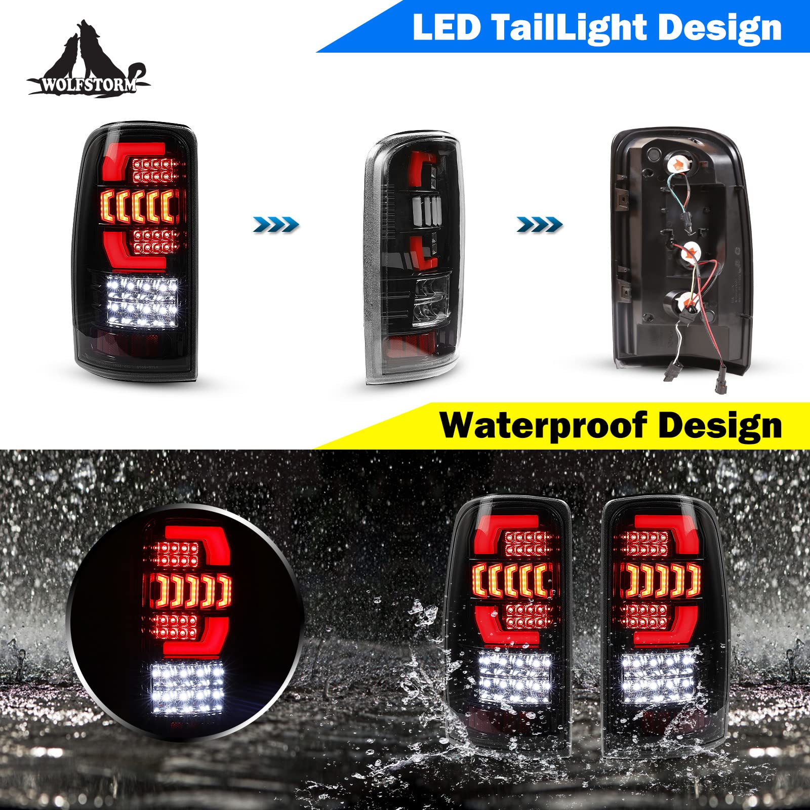 WOLFSTORM LED Tail Lights Assembly - Compatible for 2000-2006 Chevy Suburban, Tahoe & GMC Yukon (Clear Lens) - Durable Replacement Tail Lamps for Enhanced Night Visibility and Style Upgrade
