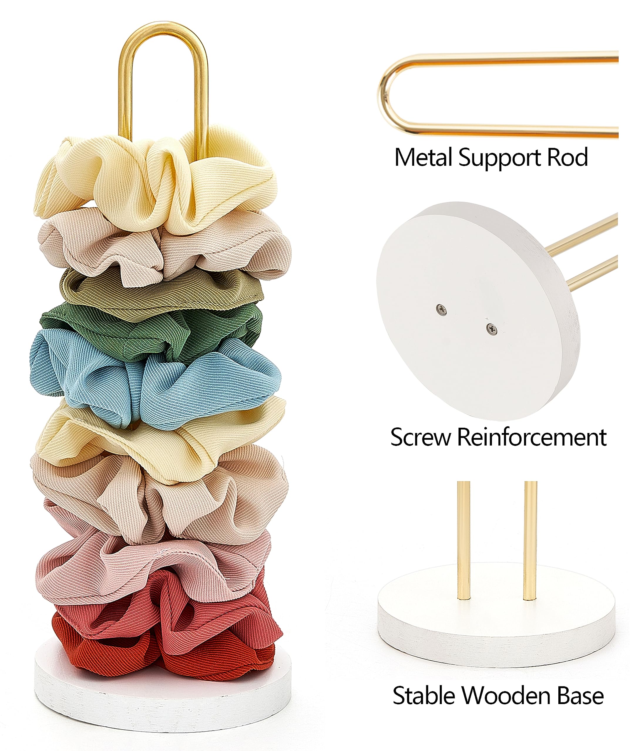 Mkono Scrunchies Holder Stand - Gold & White Metal Hair Accessories Organizer for 25-35 Scrunchies, Modern Vertical Hair Tie & Jewelry Storage - Perfect for Girls' Bedroom, Bathroom & Travel Organization