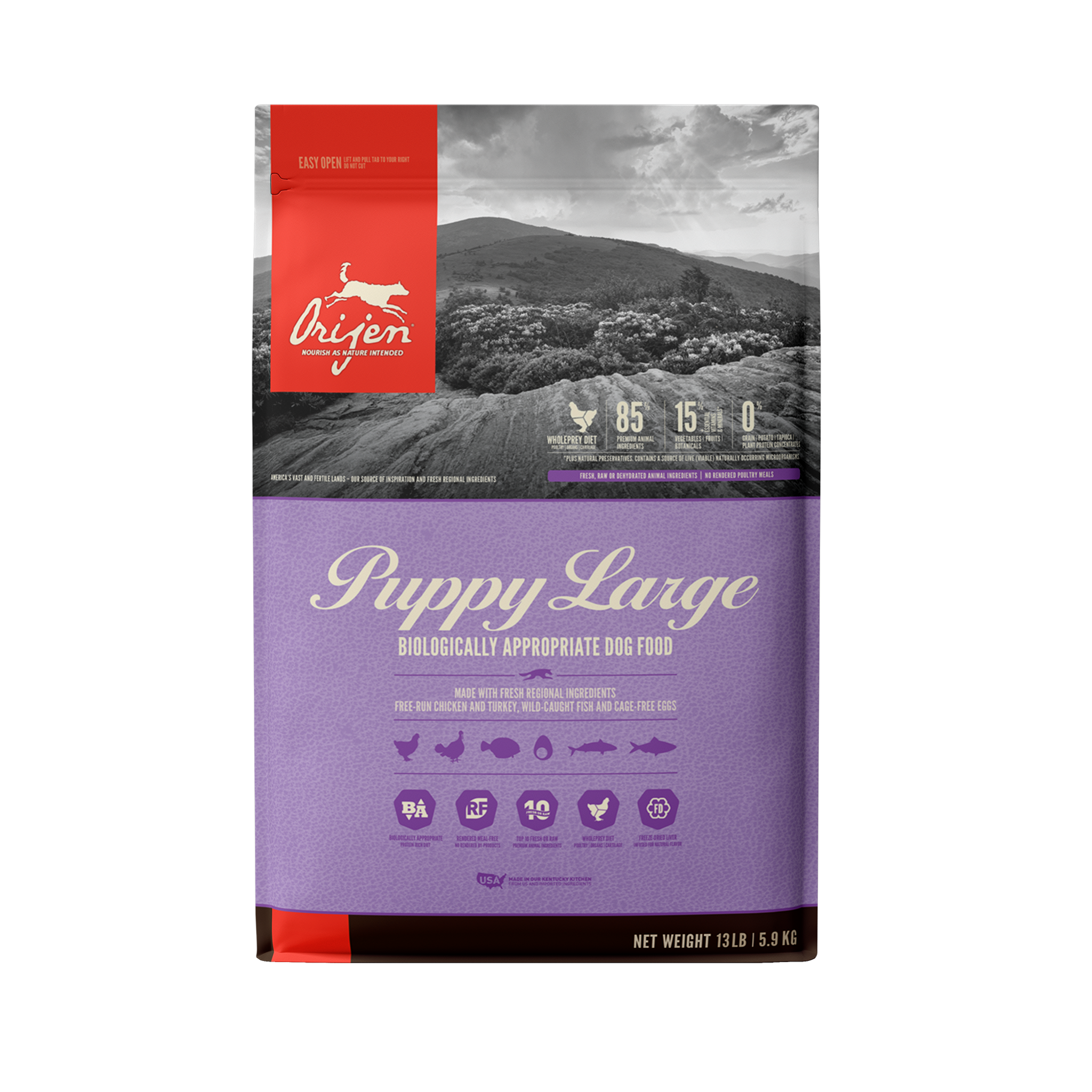 Orijen Grain Free Dry Dog Food for Large Breed Puppies - High Protein, Natural Ingredients for Healthy Growth & Development - Perfect for Active Puppies & Large Breed Dogs