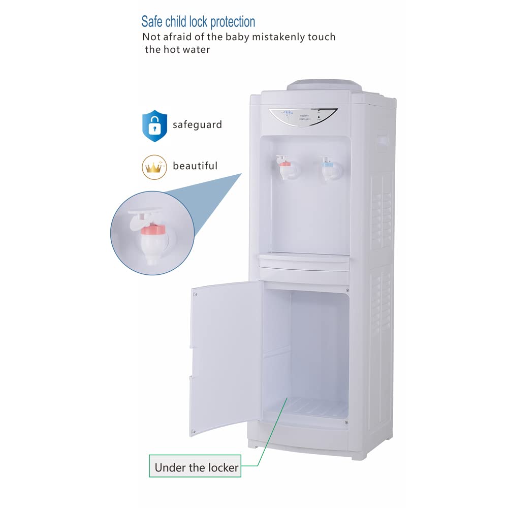 5 Gallon Hot & Cold Top Loading Water Dispenser with Child Safety Lock - Removable Drip Tray & Storage Cabinet - White Water Cooler for Home & Office Use - Perfect for Kitchens, Break Rooms & Waiting Areas