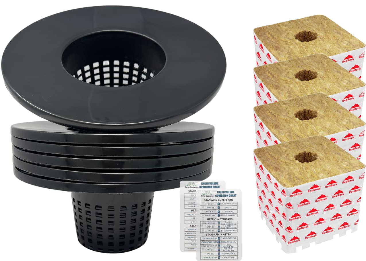 6 Inch Hydroponic Bucket Basket Net Pots (Pack of 6) + 6 Inch Redrock Rockwool Grow Cubes (Pack of 4) + Twin Canaries pH & EC Chart (Pack of 2) - Complete Hydroponic Starter Kit for Indoor Gardening, Hydroponics, and Plant Propagation
