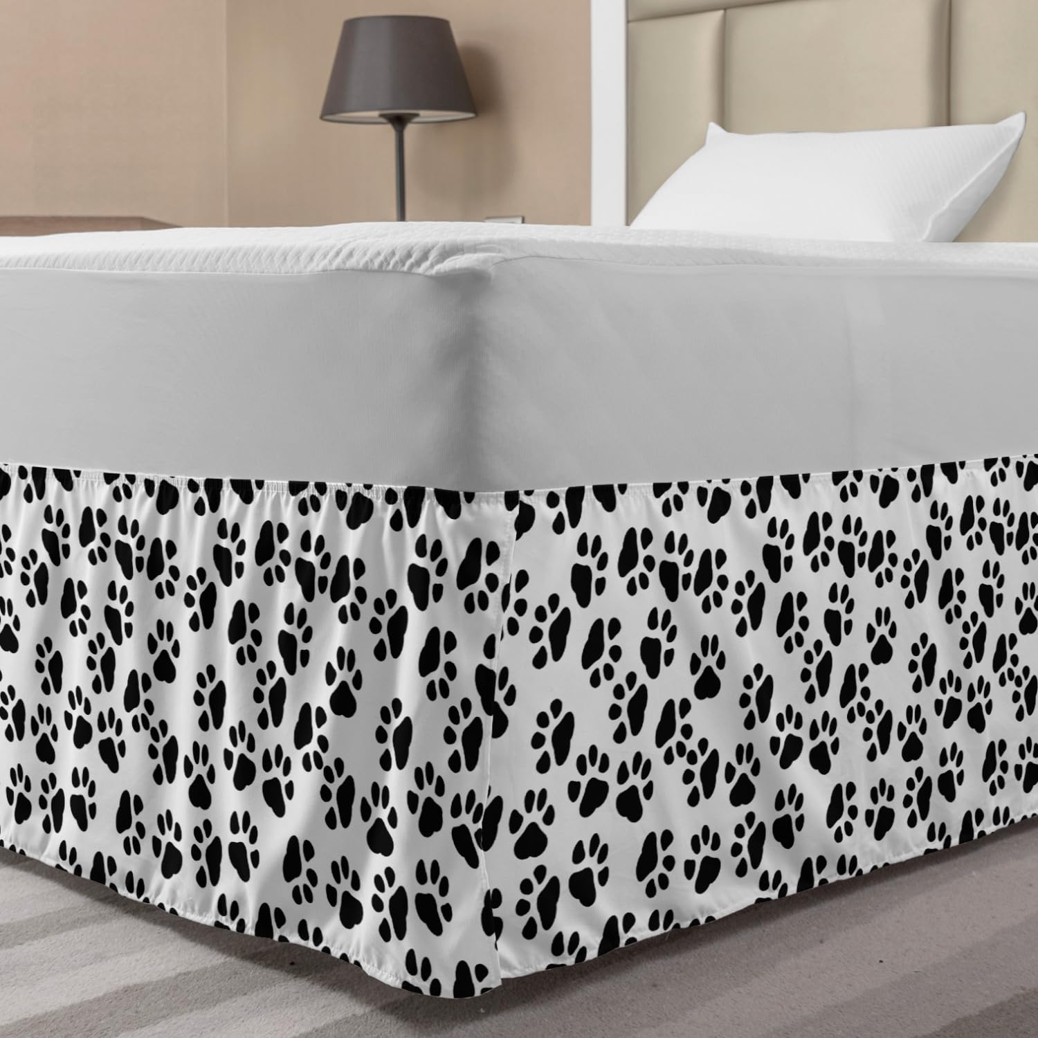Ambesonne Paw Print Bed Skirt - Dog Cat Pet Design, Twin/Twin XL, White & Grey - Perfect for Pet Lovers' Bedrooms
