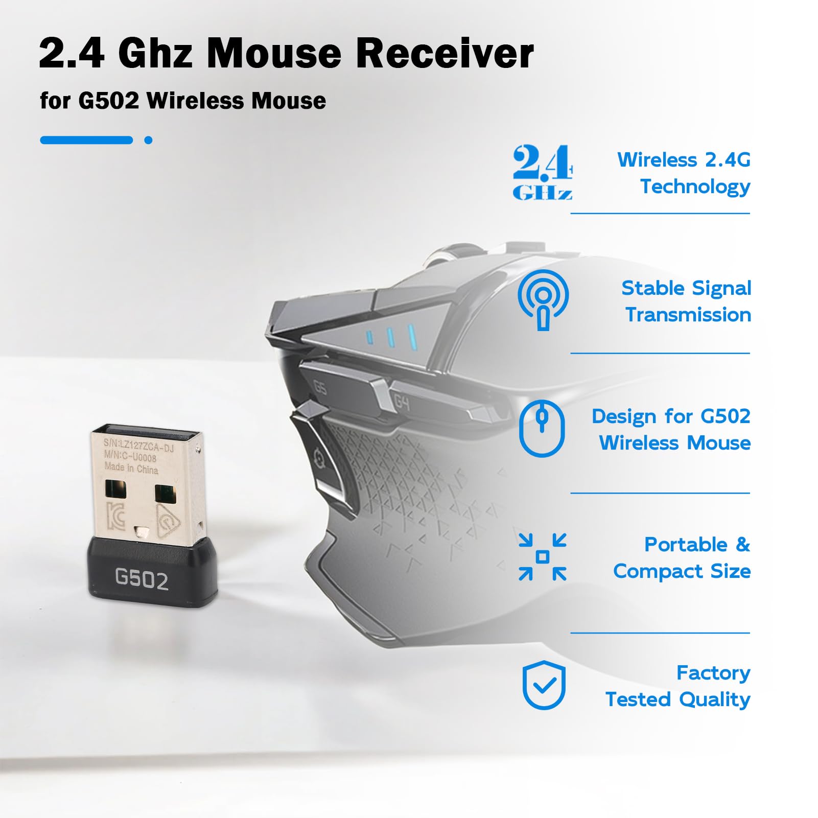 2.4G USB Wireless Mouse Receiver for Logitech G502 Lightspeed - Mini Portable USB Dongle Adapter with Stable Signal & Plug and Play - Perfect for Gaming, Office & Travel Use