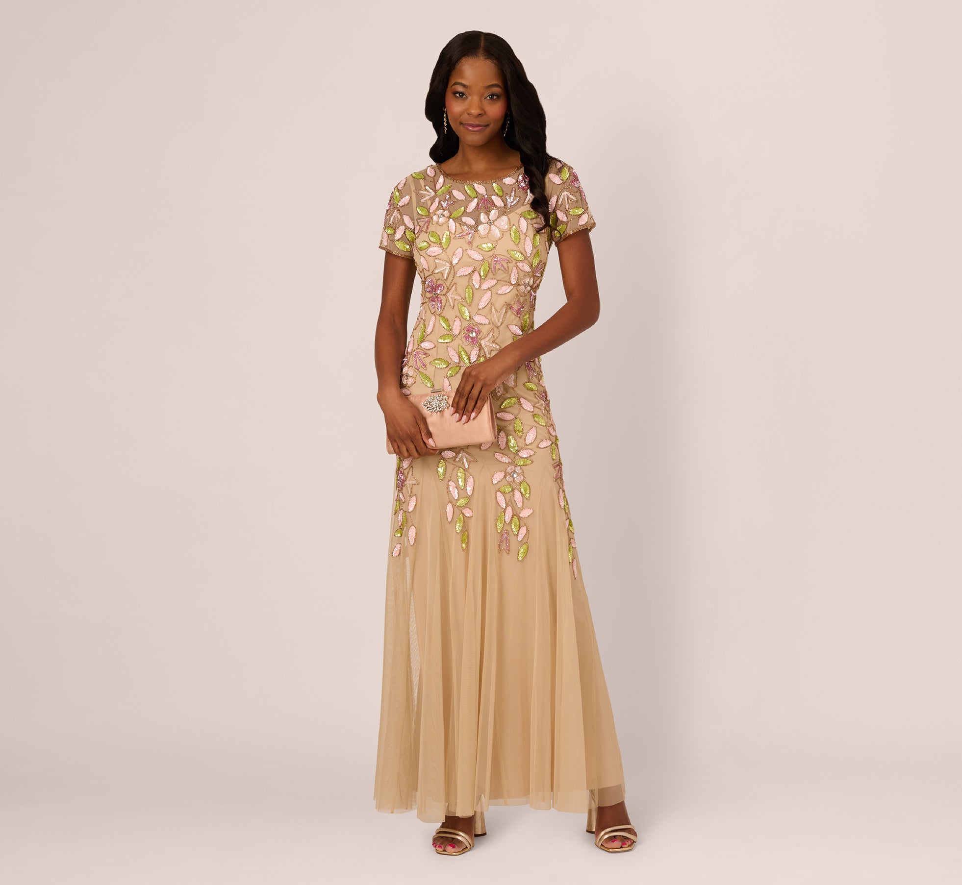 Elegant Short Sleeve Vine Beaded Godet Gown in Nude Multi Colors - Perfect for Evening Parties, Weddings & Special Occasions