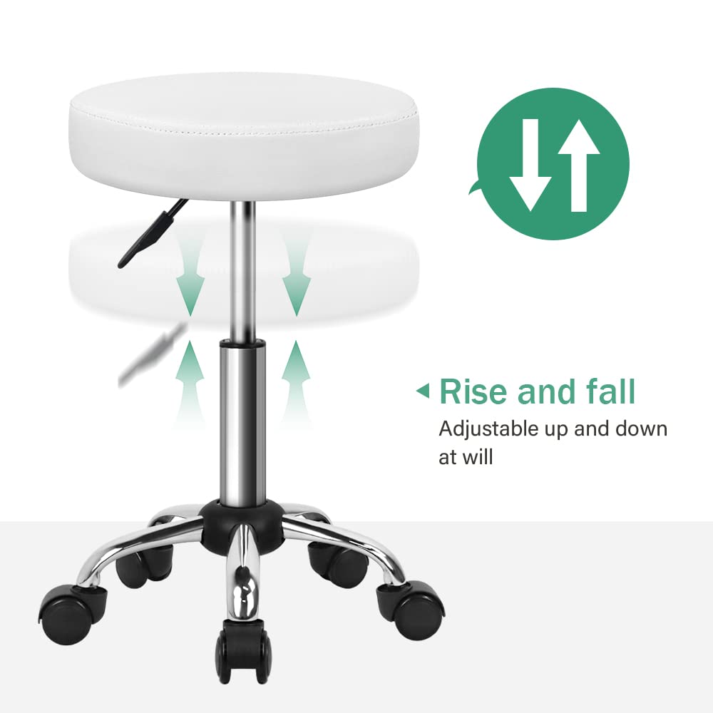 FURWOO Adjustable Salon Chair with Wheels - Rolling Stool for Spa, Massage, Salon, Home & Office - Ergonomic White Stool for Hairdressers, Tattoo Artists & Beauty Professionals - Perfect for Small Spaces & Mobile Services