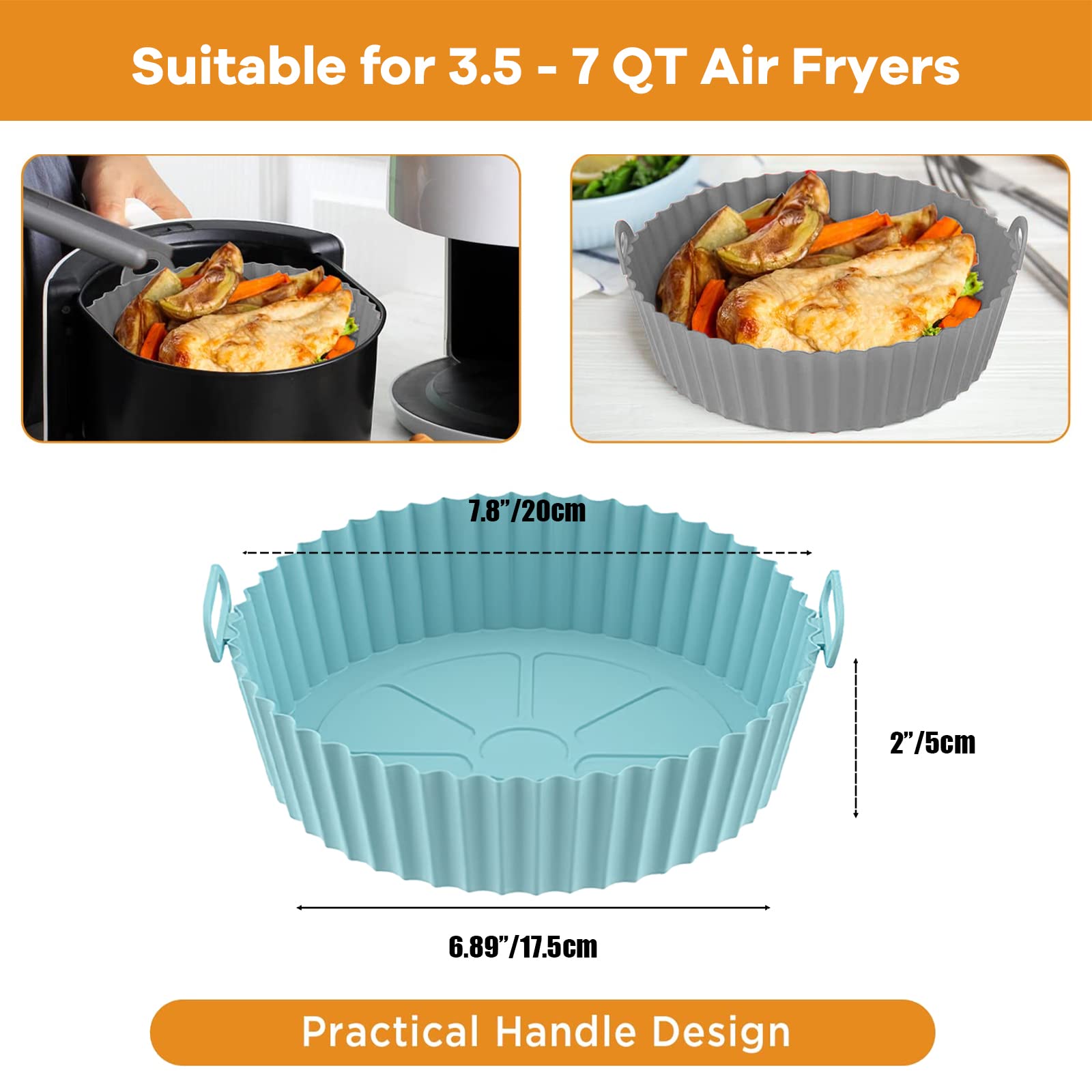 Non-Stick Air Fryer Silicone Liners 2 Pack - Reusable 7.8 Inch Silicone Basket Liners for Ninja, COSORI, Tower & 3.6-6.8QT Air Fryers (Blue + Gray) - Perfect for Healthy Cooking, French Fries, Chicken Wings & Vegetables