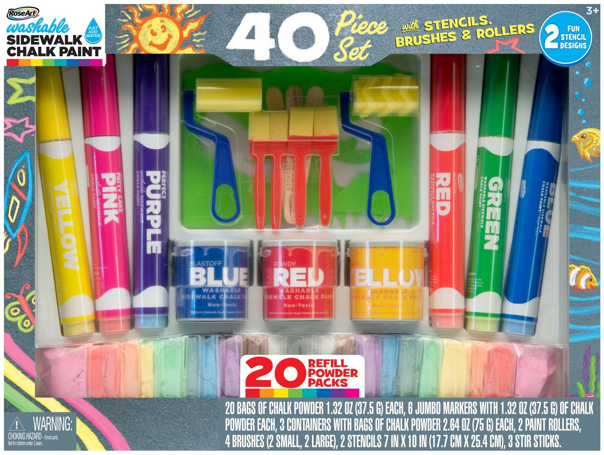 RoseArt Deluxe 40-Piece Sidewalk Chalk Pencils Set - Vibrant Colors for Kids Outdoor Play, Driveway Art & Classroom Activities