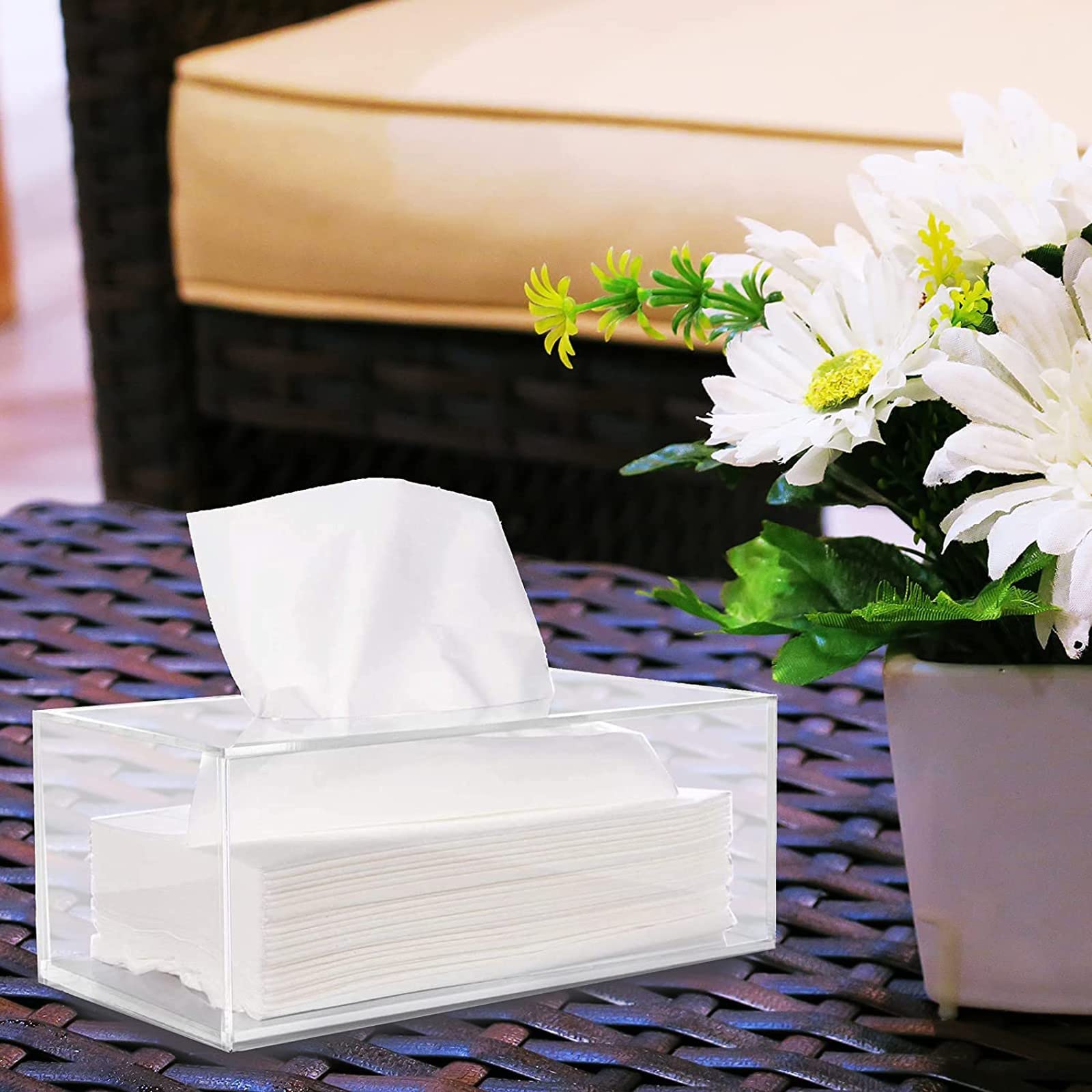 Lapirek Clear Acrylic Tissue Box Cover - Rectangular Storage Organizer for Facial Tissues & Napkins | Home Office Desk Decor | White Modern Home Organization Solution