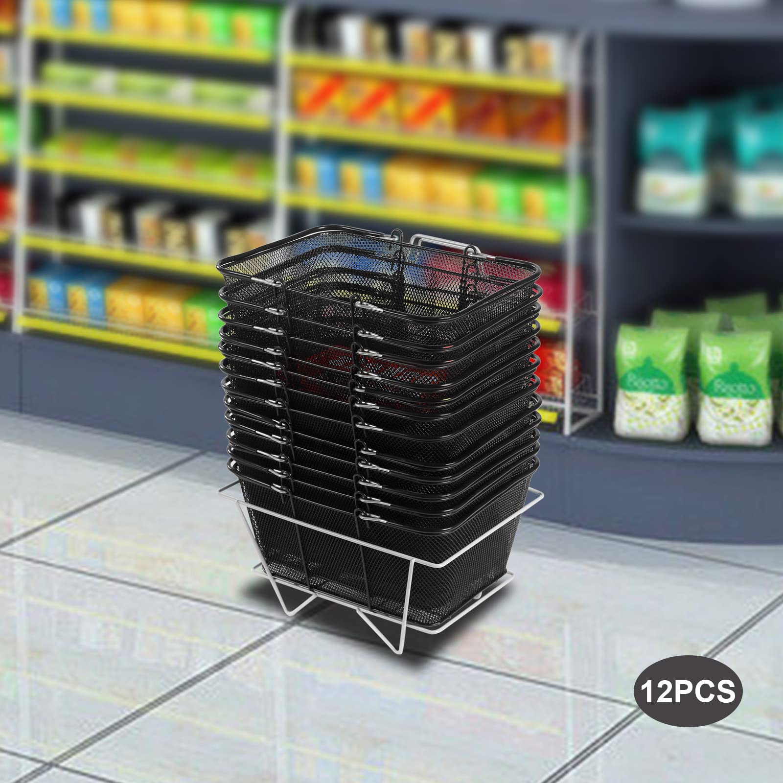 12-Pack Black 5-Gallon Durable Metal Shopping Baskets with Handles - Portable Wire Grocery Baskets for Supermarkets, Retail Stores & Home Use - Perfect for Shopping, Pantry Organization & Farmers Market Trips