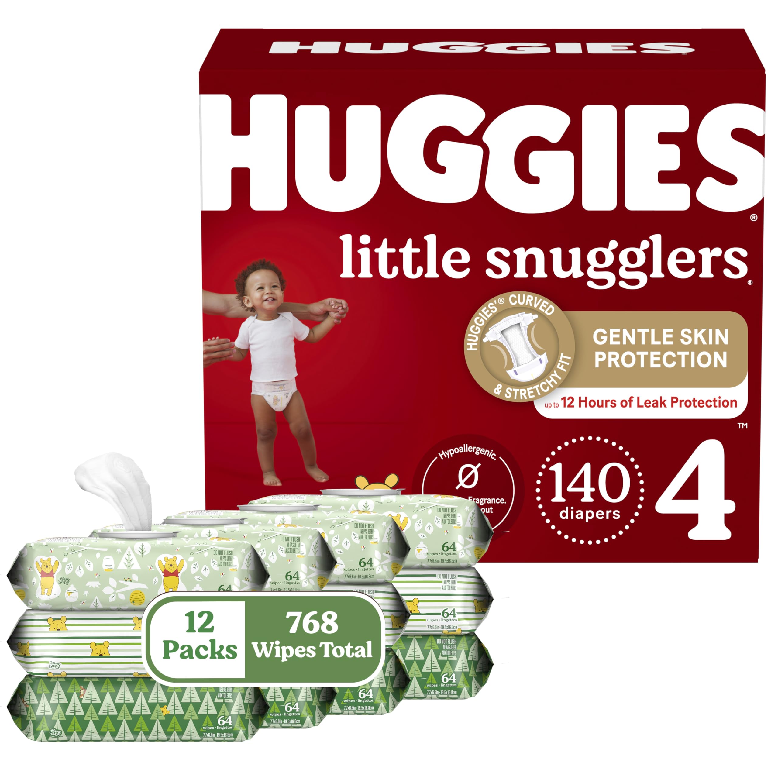 Huggies Little Snugglers Size 4 Baby Diapers & Wipes Bundle - 140 Count Diapers + 768 Count Wipes | Ultra Soft, Hypoallergenic for Sensitive Skin | Perfect for Overnight Protection, Daycare & Travel