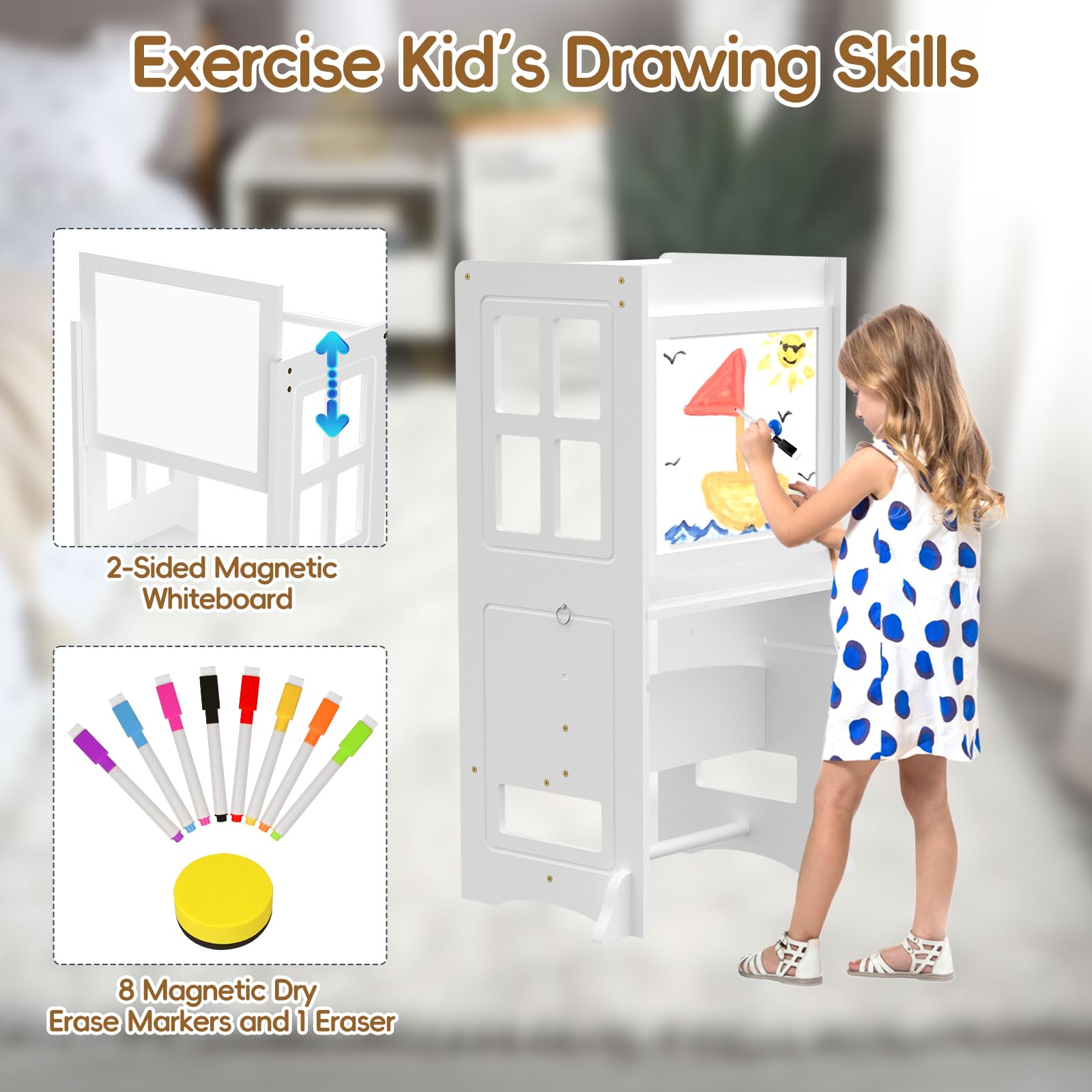 4-in-1 Adjustable Height Toddler Learning Tower with Safety Rail & Whiteboard - Anti-Slip Step Stool for Kitchen Counter, Bathroom - Perfect for Cooking, Baking & Bath Time Assistance