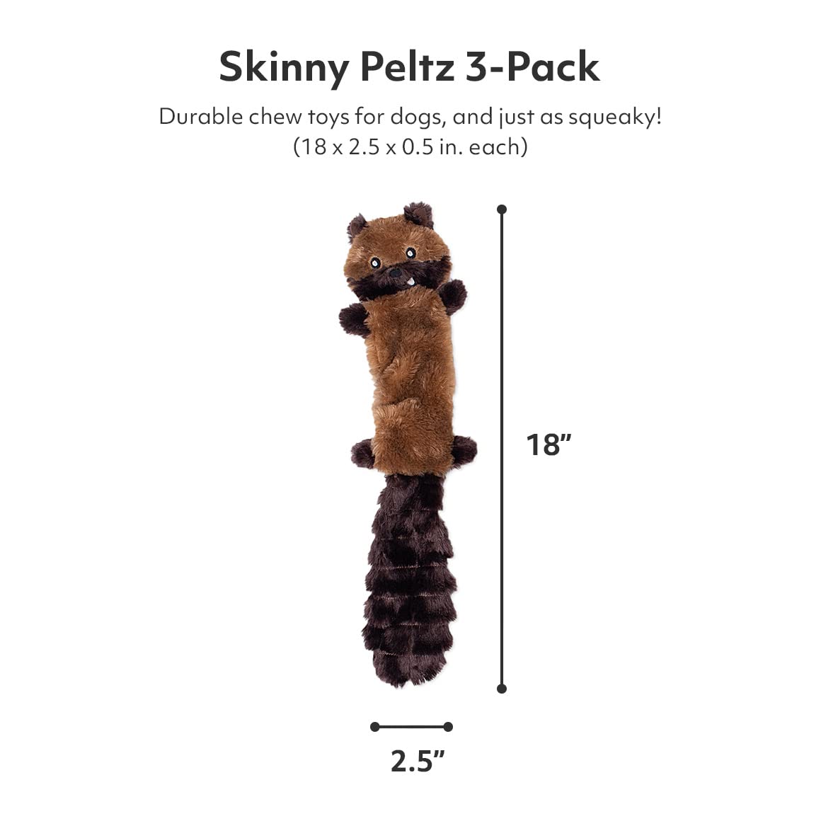 ZippyPaws Skinny Peltz No Stuffing Squeaky Dog Toys - 3 Pack Flat Plush Chew Toys for Small & Medium Dogs (Chipmunk, Lemur, Monkey) | 18
