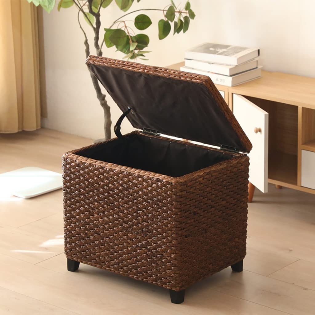 Vintage Rattan Storage Footstool - Multi-Functional Seat & Storage Ottoman with Retro Straw Woven Design - Farmhouse Home Decor Stool for Shoes, Blankets & More - Perfect for Living Room, Bedroom & Patio Use
