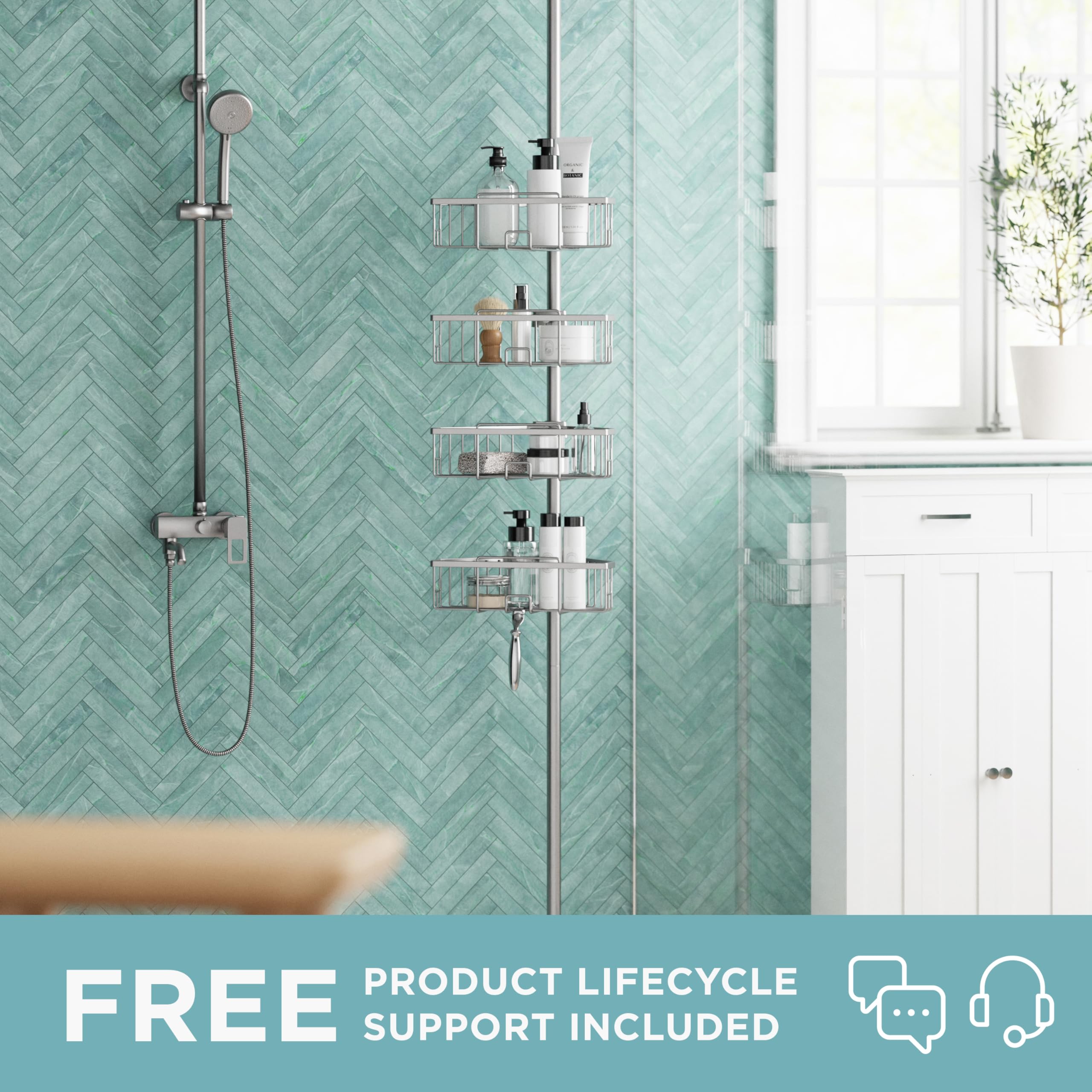 Zenna Home Adjustable Tension Pole Shower Caddy - 4-Tier Corner Storage System for Bathroom Organization (60-108 Inch, Satin Nickel) | Space-Saving Shower Shelf for Small Bathrooms & Apartment Living
