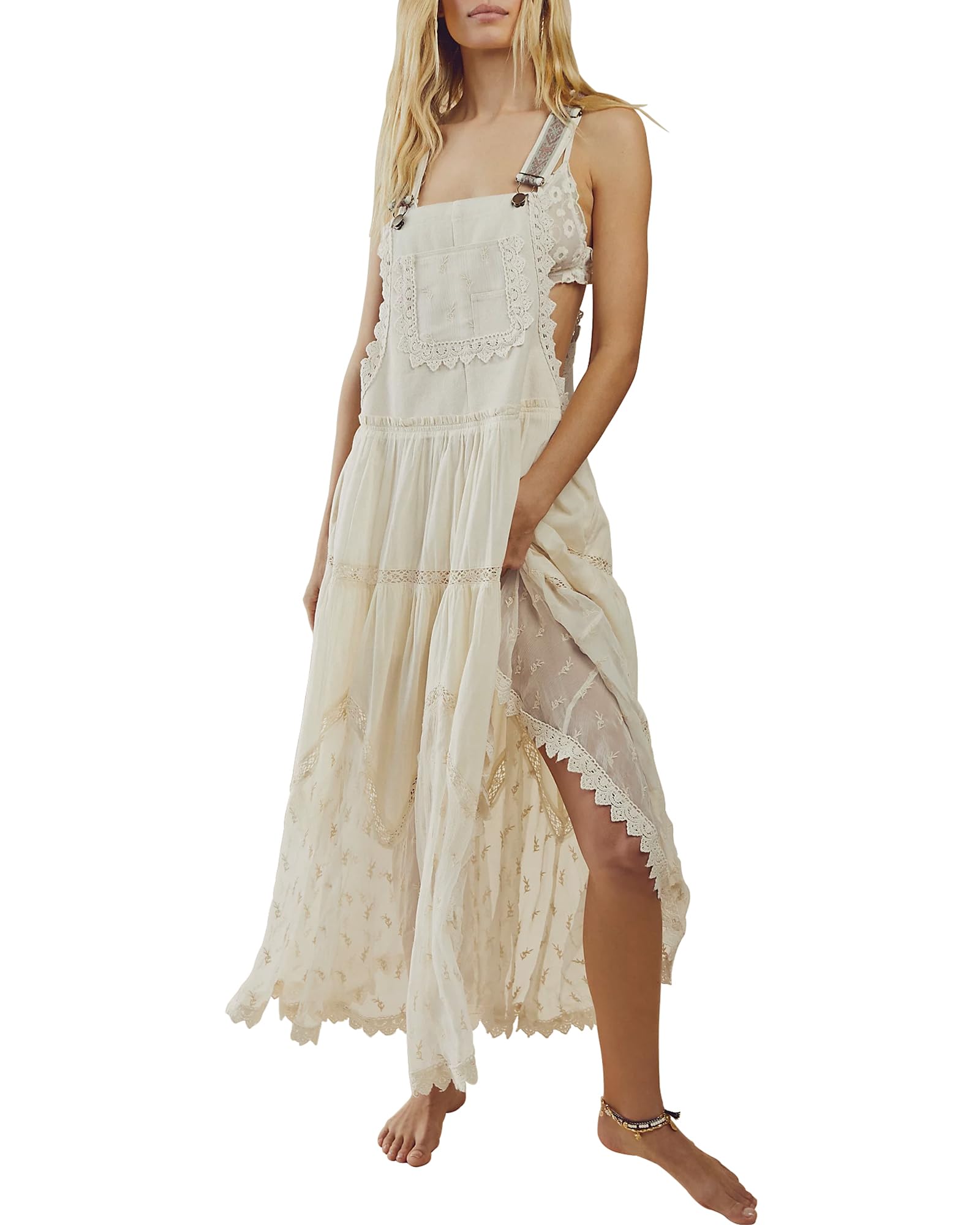 Gacaky Women's Floral Embroidered Bohemian Maxi Dress - Adjustable Straps, Flowy Summer Dress with Pockets | Perfect for Beach Vacations, Music Festivals & Casual Outings