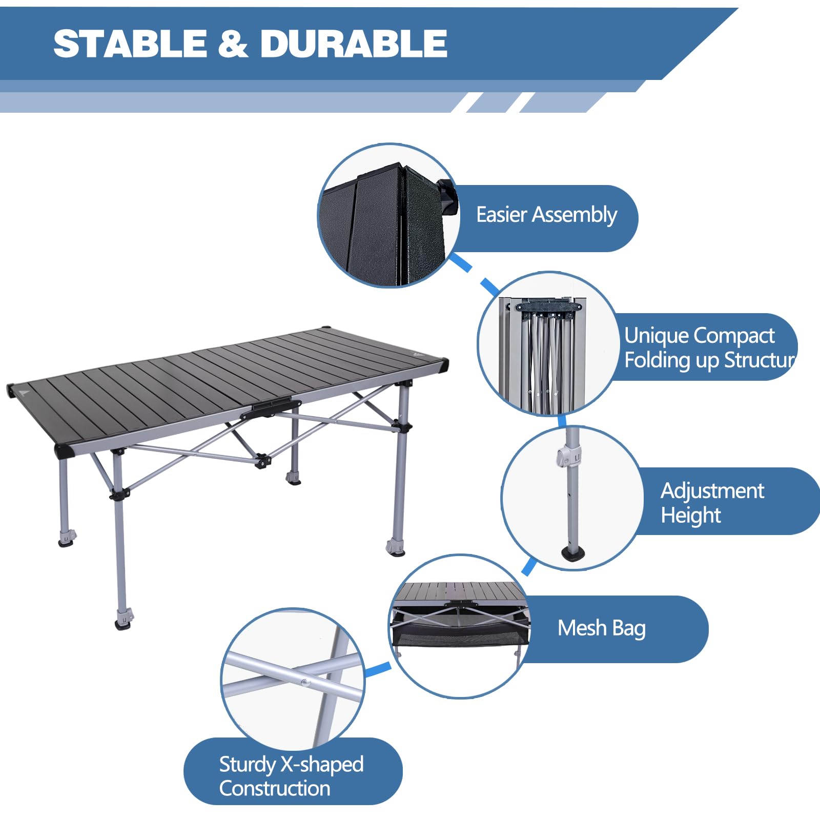 Ablazer Adjustable Height Aluminum Camping Table with Carry Bag - Portable Roll-Up Picnic Table for 4-6 People - Perfect for Outdoor, Camping, Beach, BBQ & Tailgating Parties