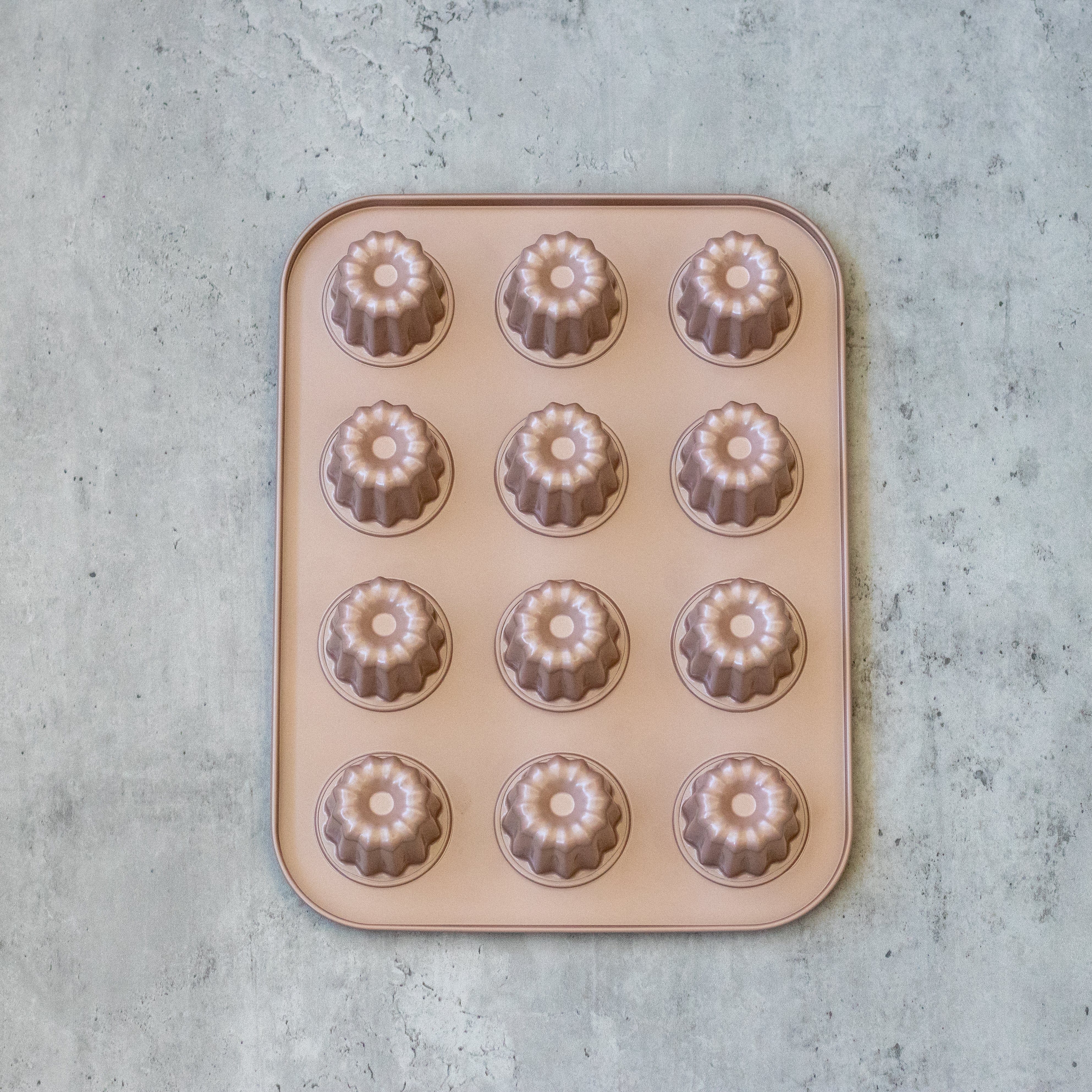 Premium Rose Gold Canelé Molds - 12-Cavity Non-Stick French Pastry Baking Pans for Professional & Home Bakers | Perfect for Canelés, Madeleines & Mini Cakes