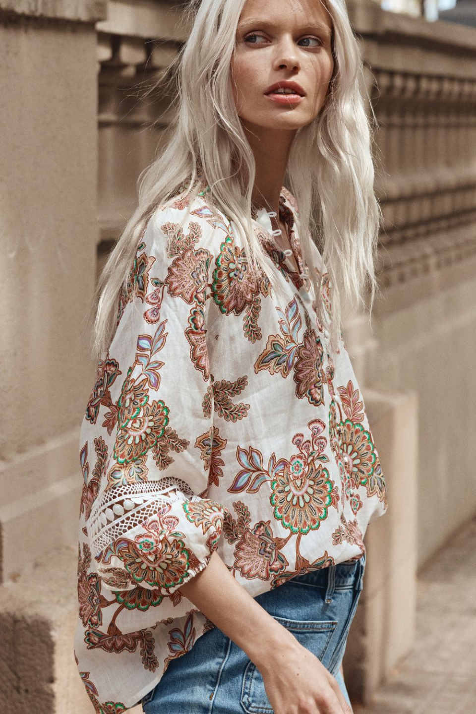 Invoke Cream Paisley High Neck Short Sleeve Blouse for Women - Elegant Floral Print Summer Top for Office, Date Night & Casual Outings